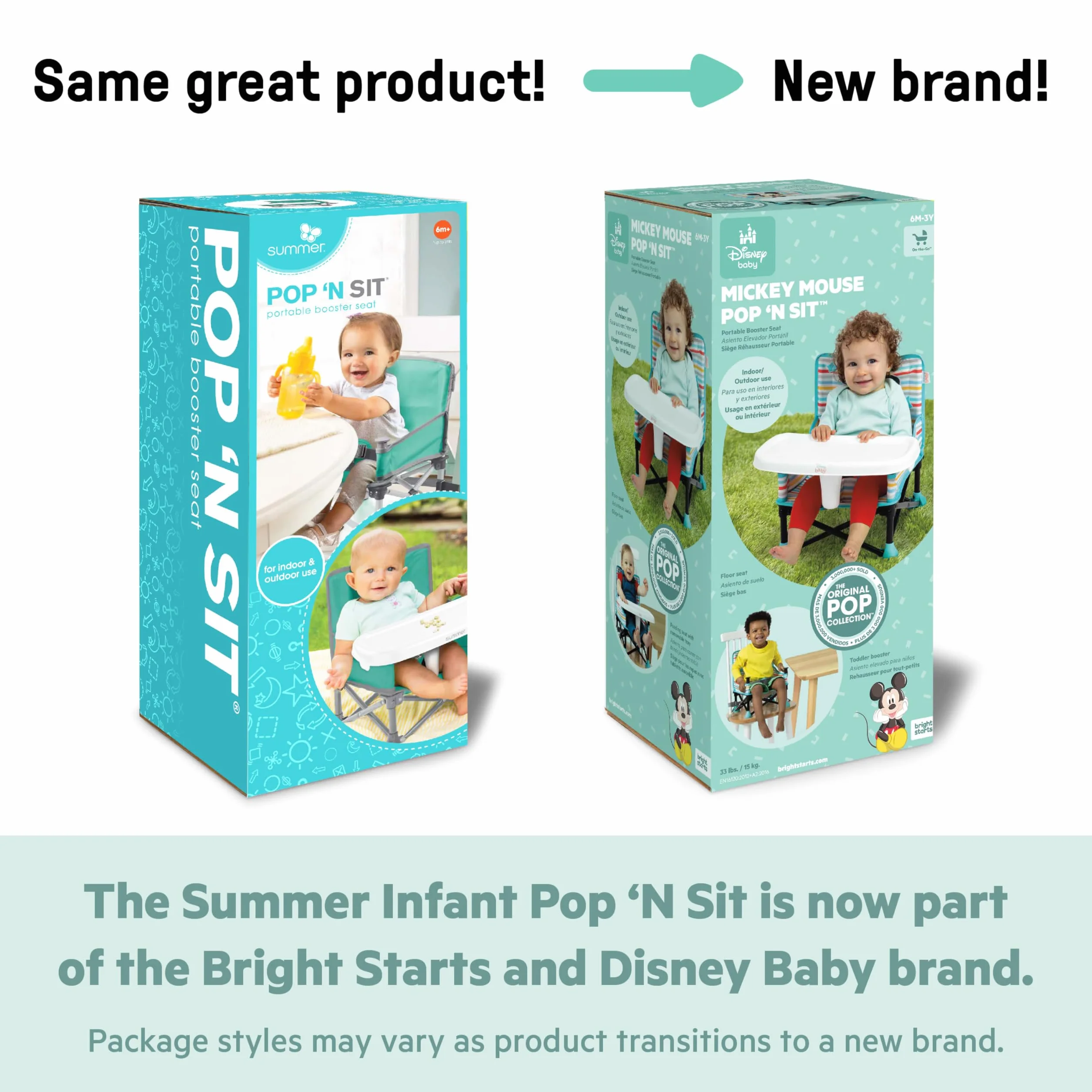 Bright Starts Pop 'N Sit Minnie Mouse Rialzo per sedia portatile con vassoio, verde chiaro, 6 mesi-3 anni
