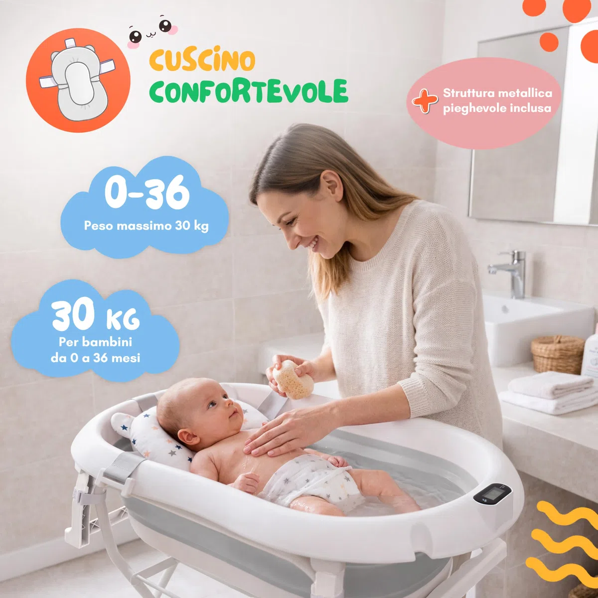 Pieghevole Vaschetta Bagnetto Neonato con Supporto 80cm - Vasca da Bagno Bambini 1-3 Anni con Termometro Incorporato e Tubo di Scarico - Offri il massimo comfort al tuo bambino