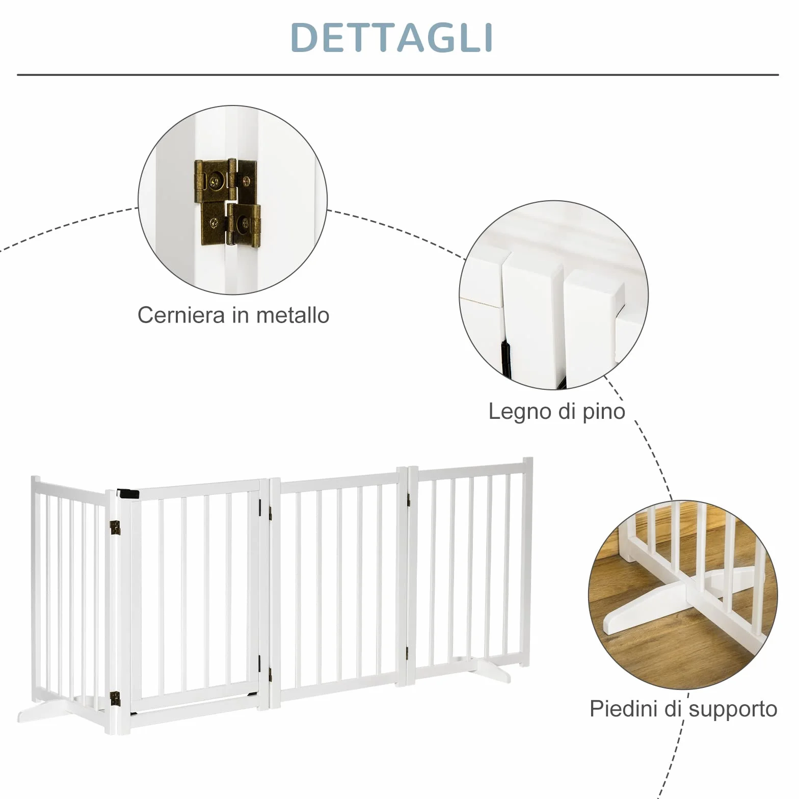 PawHut Cancellino Pieghevole per Cani Taglia Piccola/Media 4 Pannelli Legno 237.5x36x80 cm Bianco