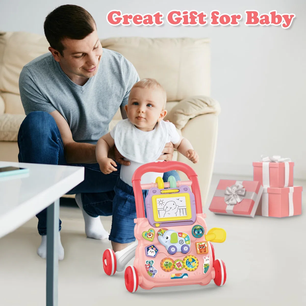 Camminatore per Bambini da Seduto a in Piedi, 2 In 1 Giocattolo a Spinta Bambini con Musica e Lavagna da Disegno, Centro di Attività Educativa Precoce Multifunzionale per Neonati 12M+ (Rosa)