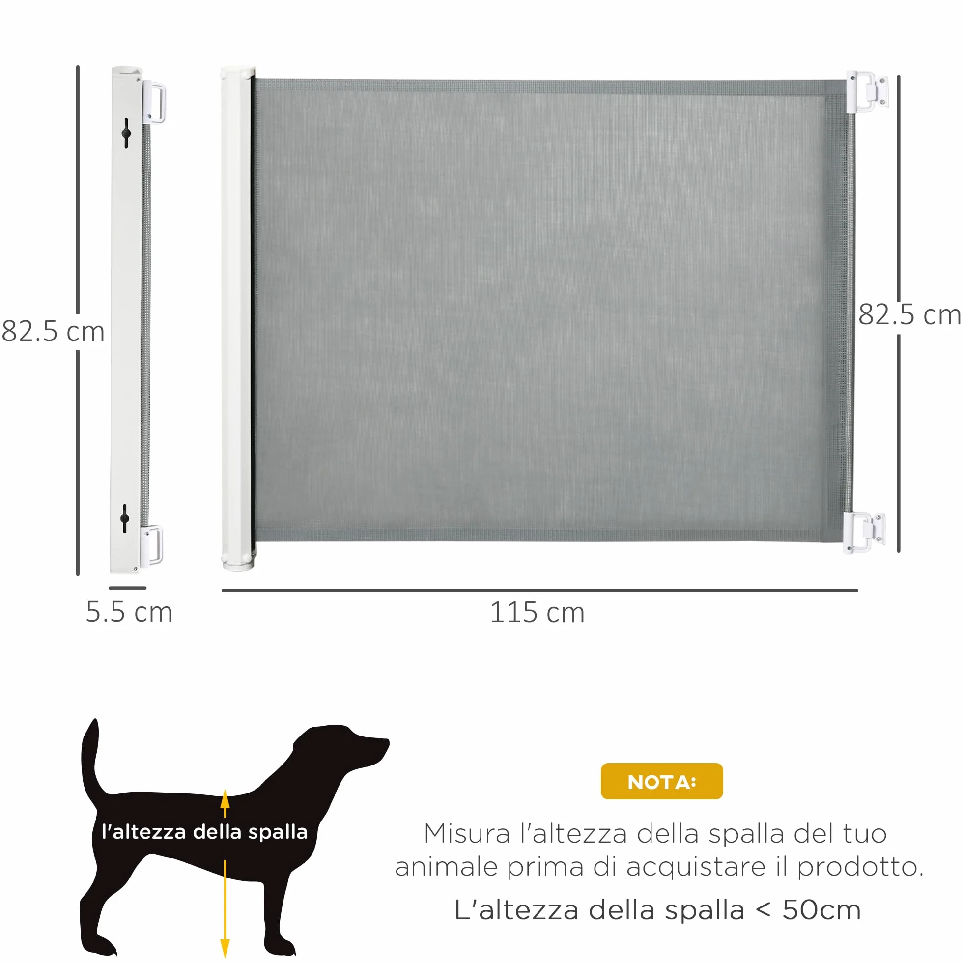 PawHut Cancellino per Cani Estensibile fino a 115 cm con Viti e Gancio, Cancelletto di Sicurezza in Poliestere e Acciaio, 115x82.5 cm, Bianco e Grigio