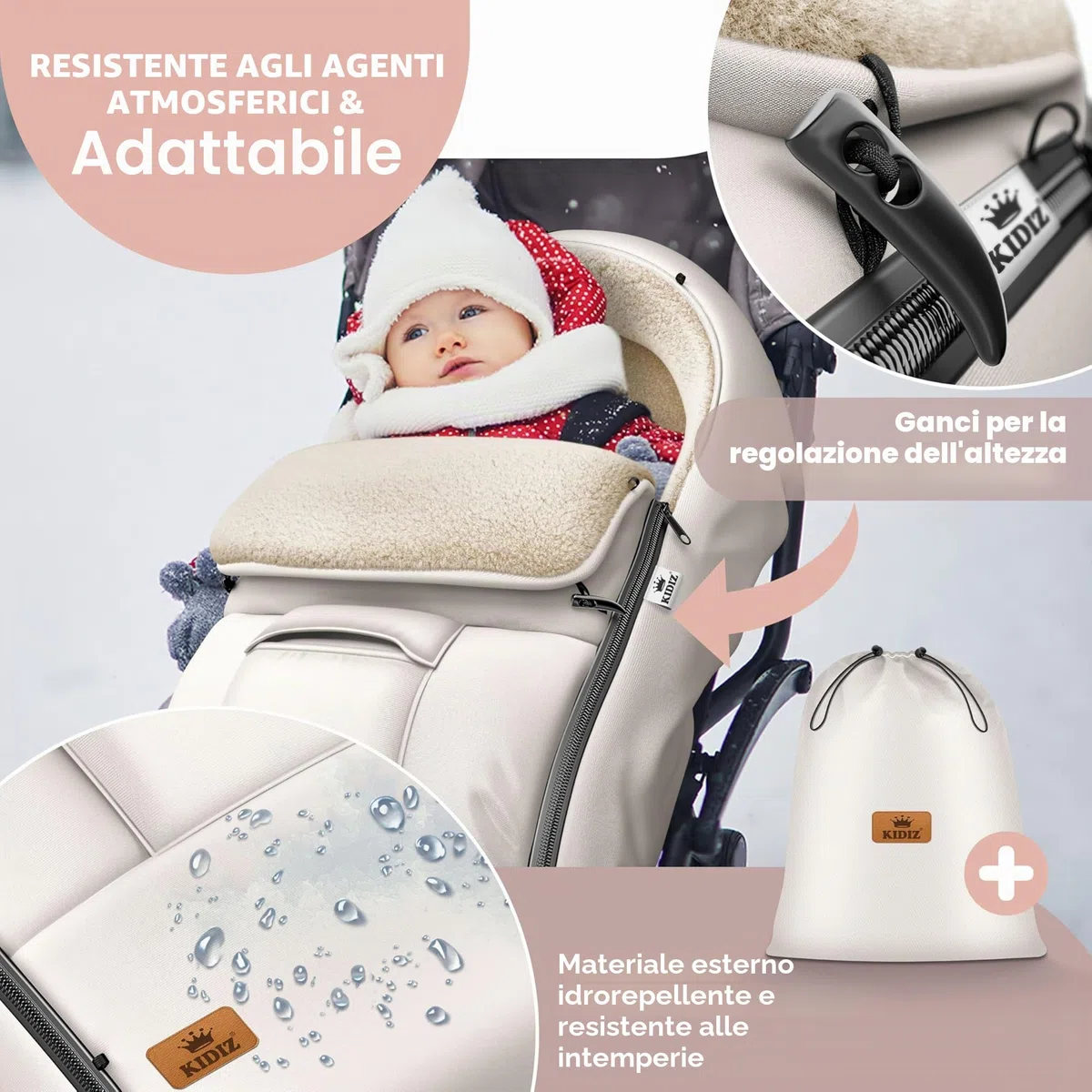 KIDIZ® copertina copertina per neonati copertina invernale ovetto con cerniera coperta per bambino lavabile per passeggino chiudibile sulla testiera, dotata di tasca, adatta a tutti i passeggini
