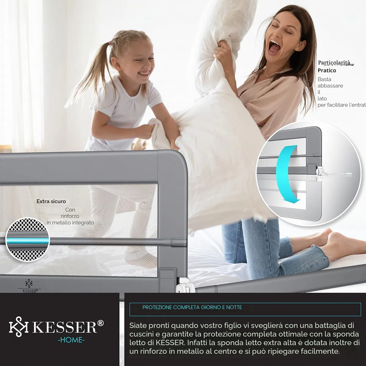 KESSER® Sponda da letto Protezione per letto Sponda da letto bambini Sponda da culla Barriera letto per bambini, Grigio chiaro - 180cm