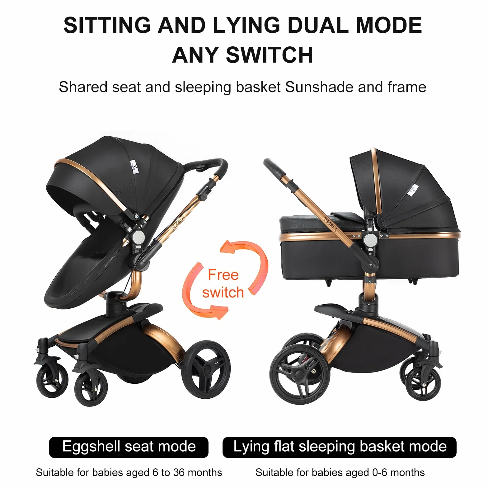 Passeggino Trio 3 in 1 360° Rotazione Pelle PU con Telaio Alluminio (906 Black)