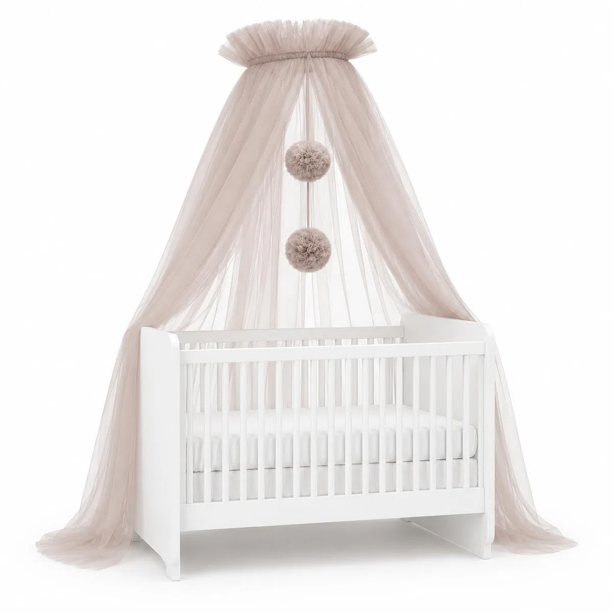 Baldacchino in tulle , culla principessa , zanzariera , decorazione cameretta bambini , 165 cm, pompon, tortora