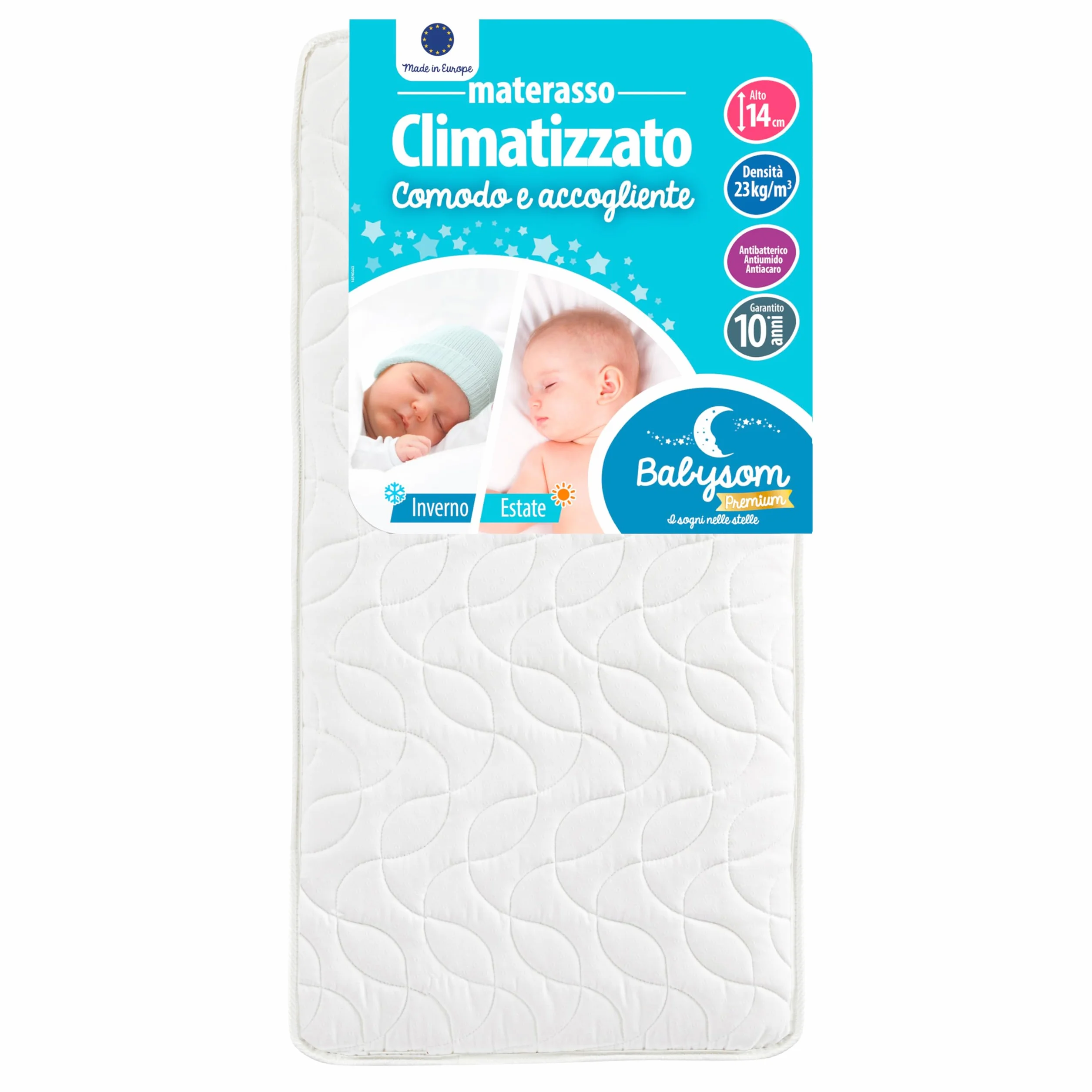Babysom - Materasso Lettino Bambino Climatizzato Estate/Inverno - 60x120 cm | Per Neonato - Altezza 14cm - Traspirante - Antiacaro e Antisoffoco - Garanzia 10 anni