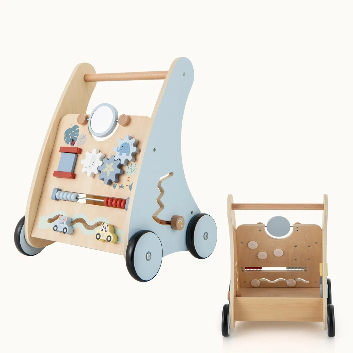 LIFEZEAL Girello Neonato in legno, Primi Passi per Bambini con Giocattoli Montessori, Carrello Primi Passi con Ruote, Gioco per Camminare, Carrellino con Banco da Lavoro per Bimbi da 3 Mesi (A)