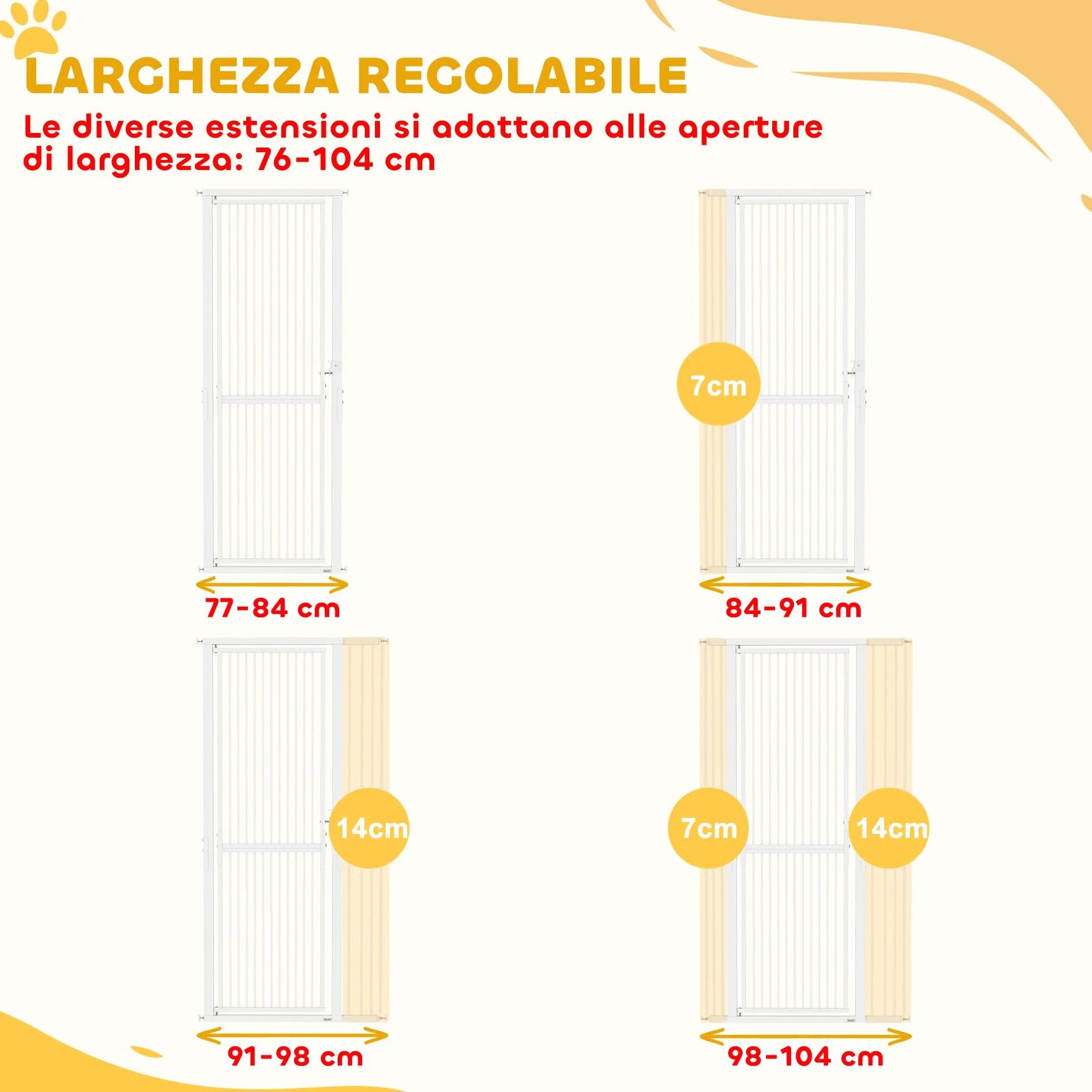 PawHut Cancelletto di Sicurezza per Cani Gatti 180cm, Estensibile 77-104 cm, Spazio 3.5cm, Bianco