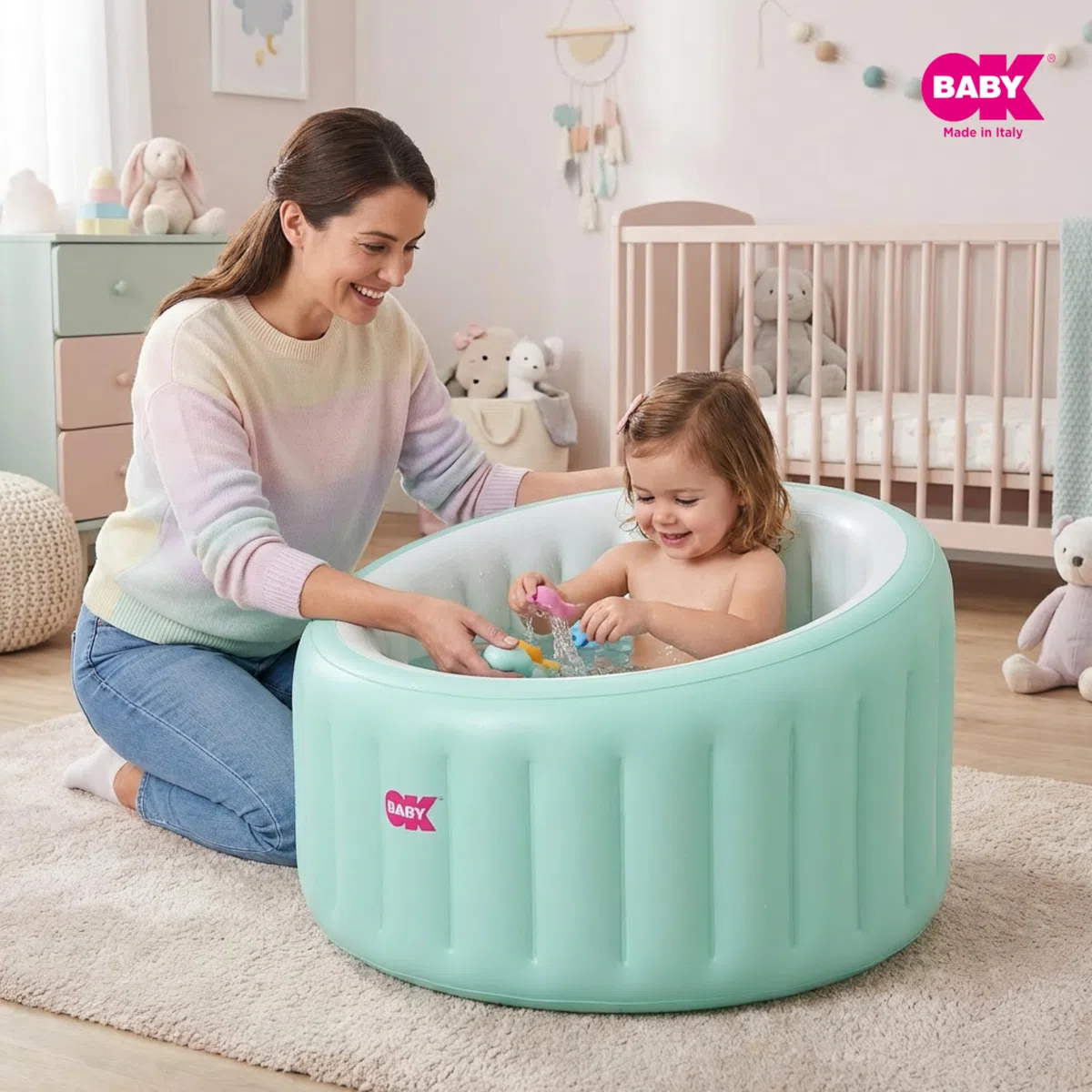 OKBABY Vaschetta Gonfiabile Oplà Soft per Bagnetto Bambino - da 8 a 36 Mesi - Azzurro