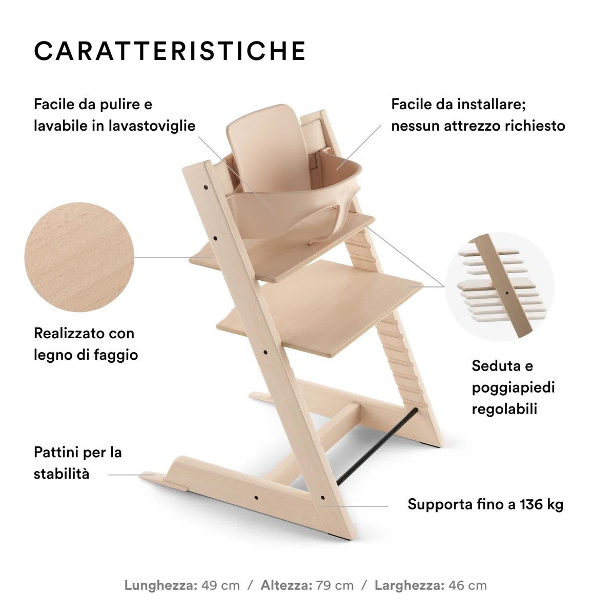 Seggiolone Tripp Trapp di Stokke con Baby Set, Natural - Sedia regolabile ed evolutiva per bambini e adulti - Design ergonomico e classico