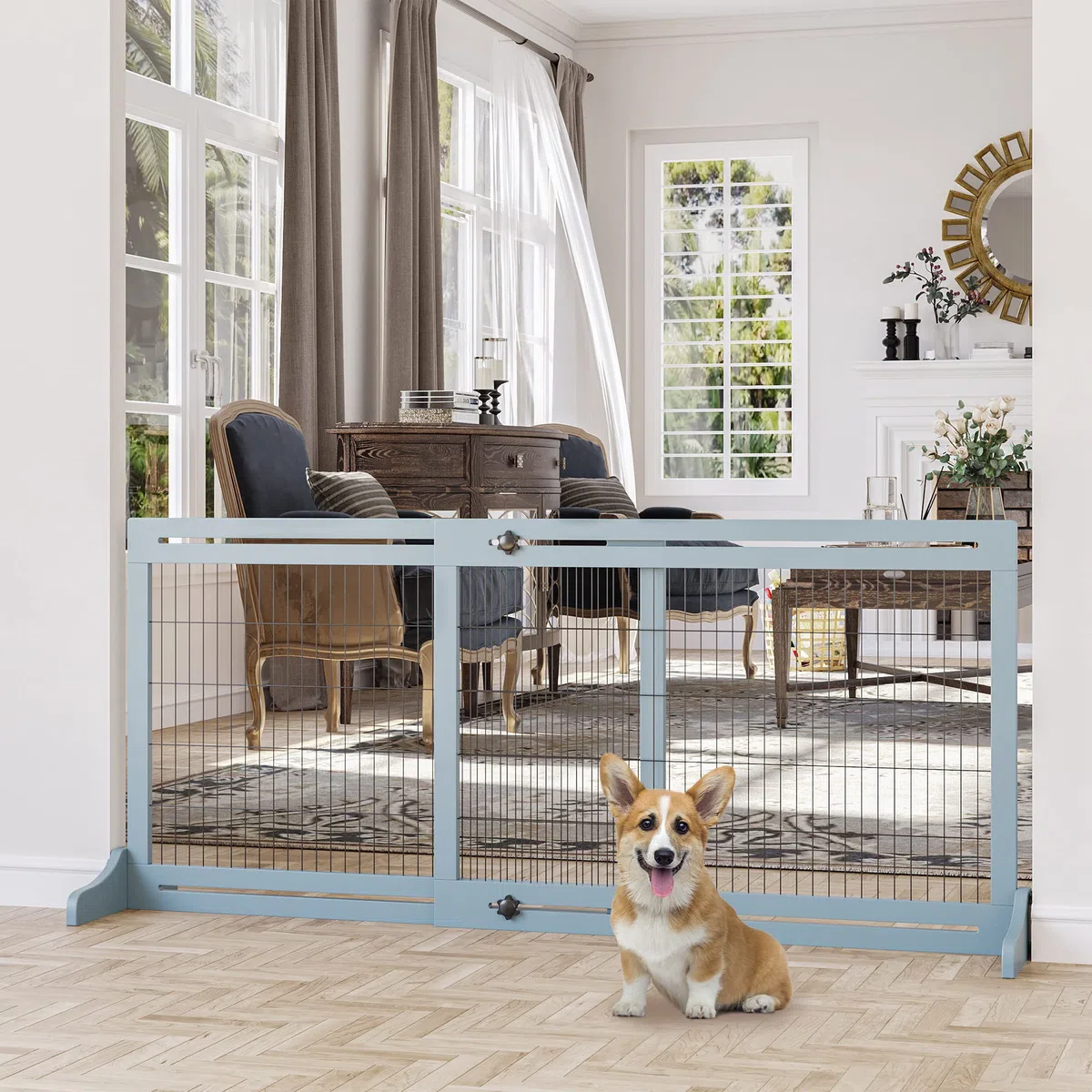 PawHut Cancelletto di Sicurezza per Cani in Legno e Acciaio, Cancellino per Cani Estensibile da Interno 104-180cm, Blu-grigio
