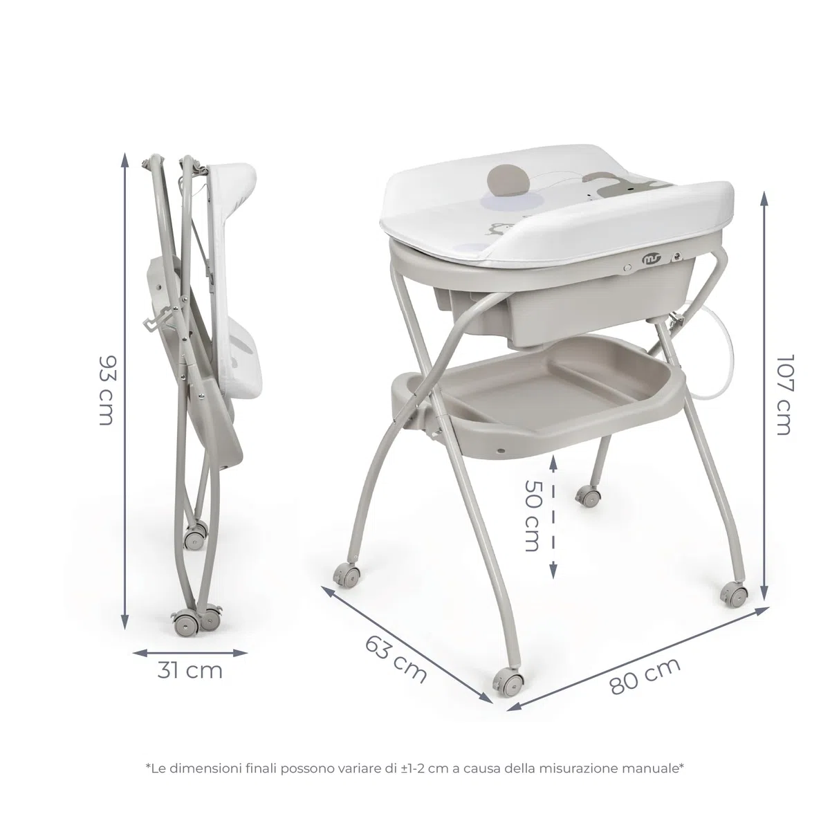 MS BabyWorld – BUBBLE + CUSCINO RIDUTTORE – Vaschetta Bagnetto Ergonomica con Supporto | Fasciatoio Impermeabile Imbottito | Chiusura Compatta | Organizzatore | 4 Ruote con Freni