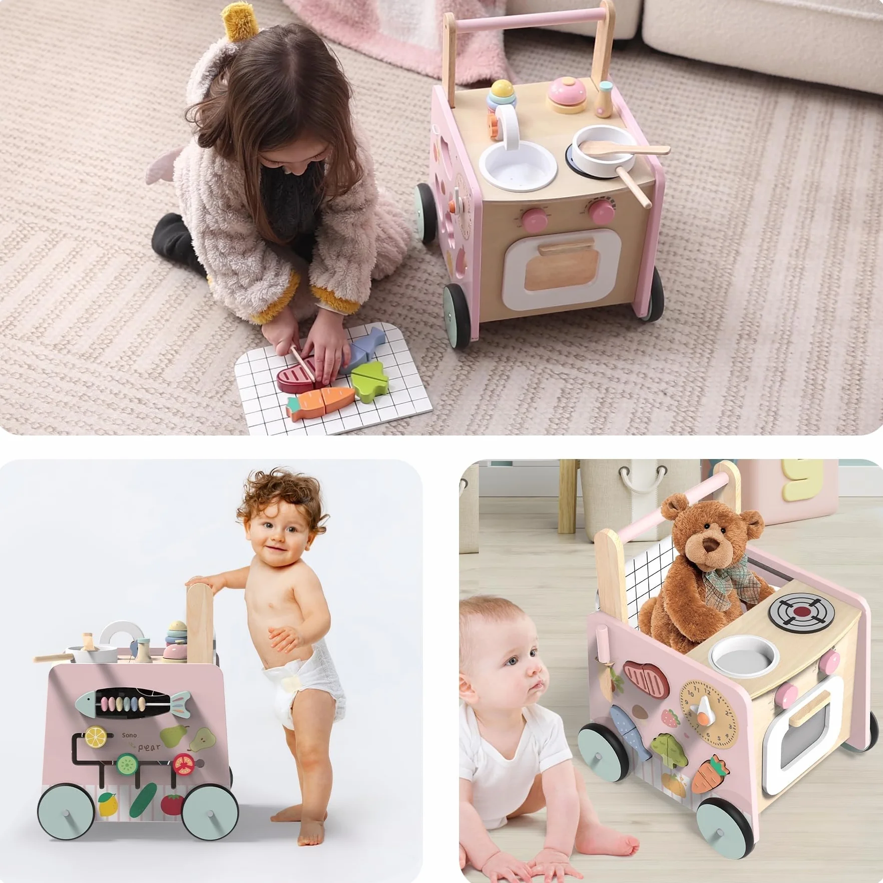 Girello Bambini Legno 9 in 1 Carrello Primi Passi con Giocattoli Montessori Cucina da Gioco, Regalo Natale