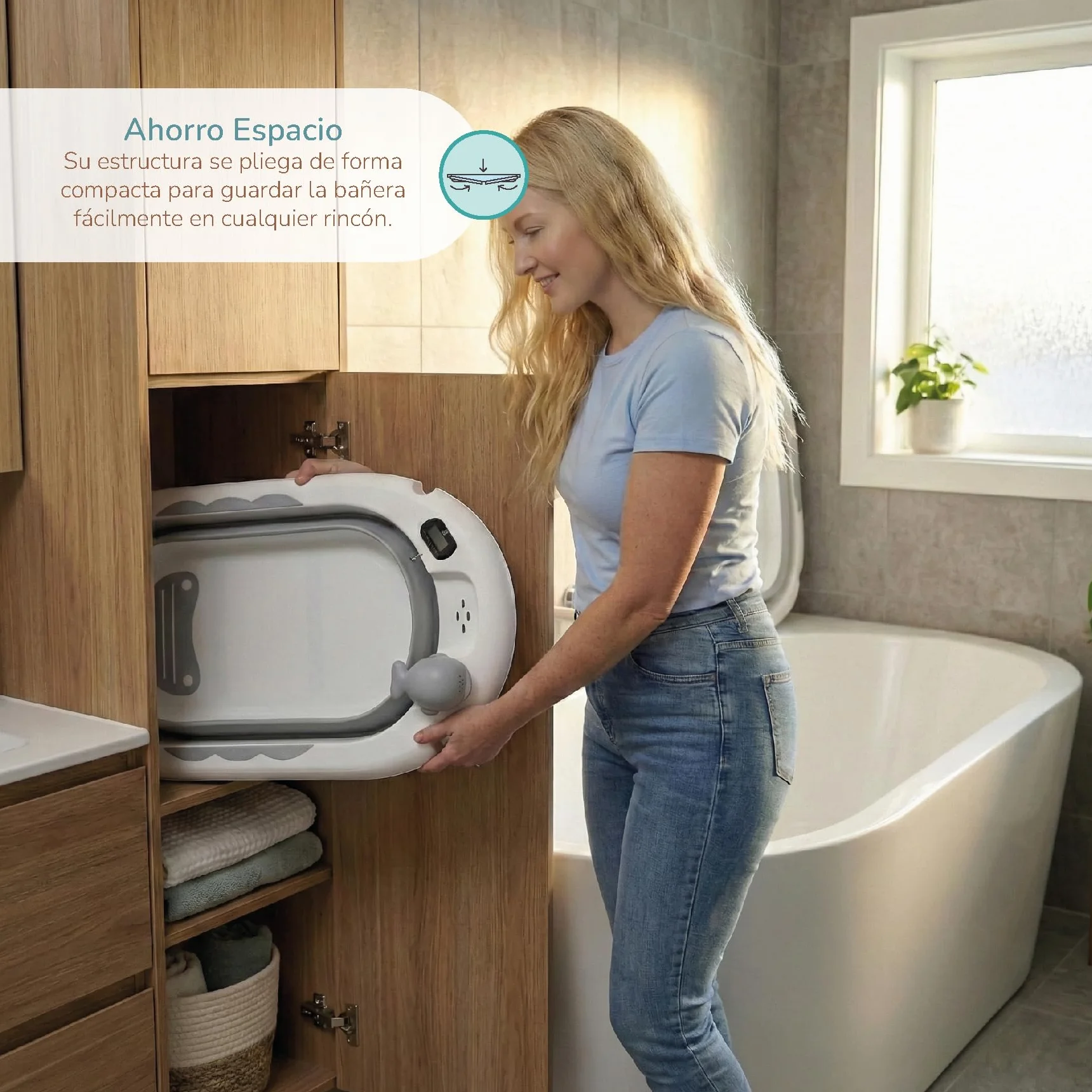 Buddy Baby - Vasca pieghevole BebéSplash con temperatura - Da 0 mesi - Cuscino riduttore rimovibile - Base antiscivolo - Tappo di scarico - Design compatto e portatile - Annaffiatoio balena