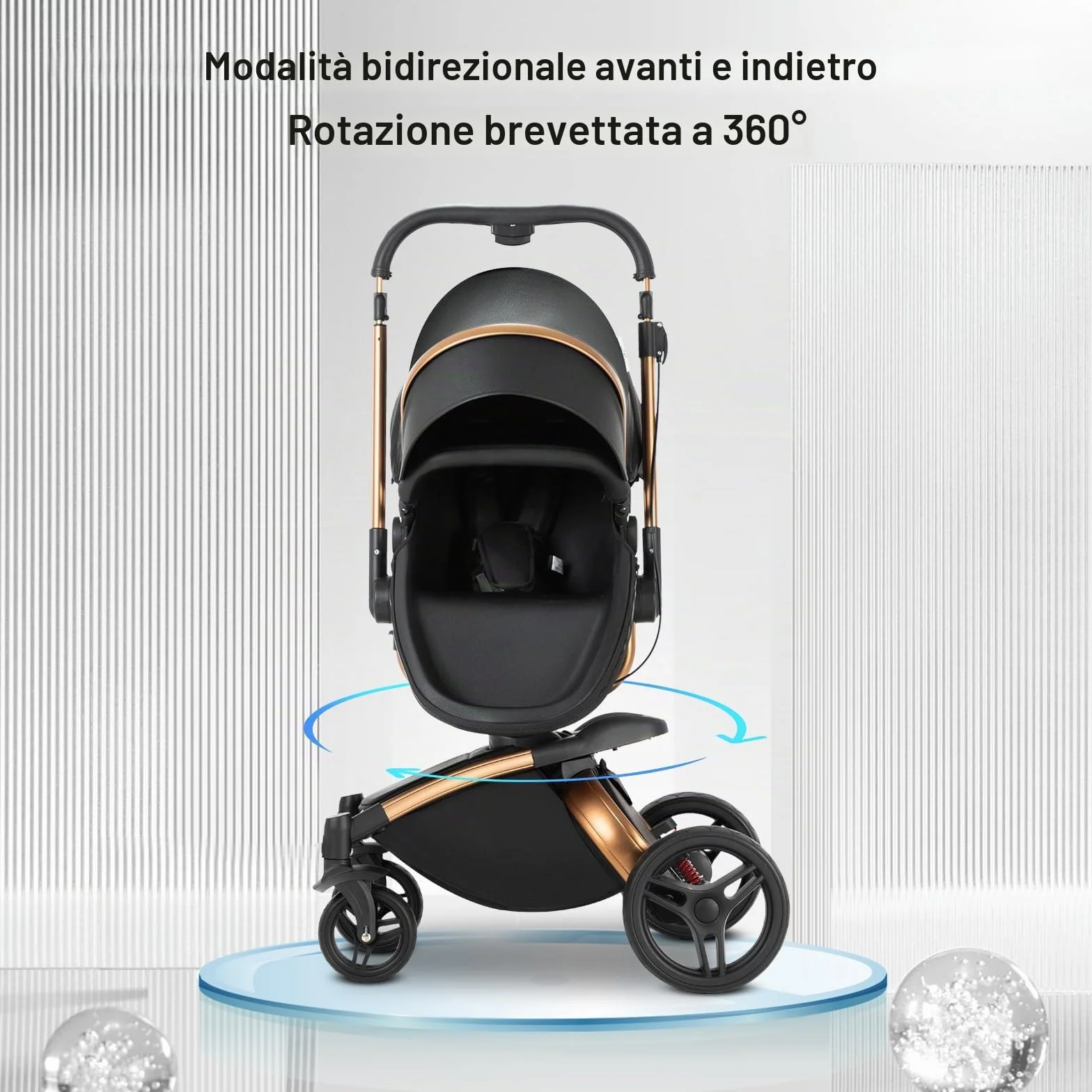 Magic ZC 360° Girevole Pelle PU Passeggino Trio 3 in 1 Reversibile a Due Vie per Neonati con Accessori (906 Black)