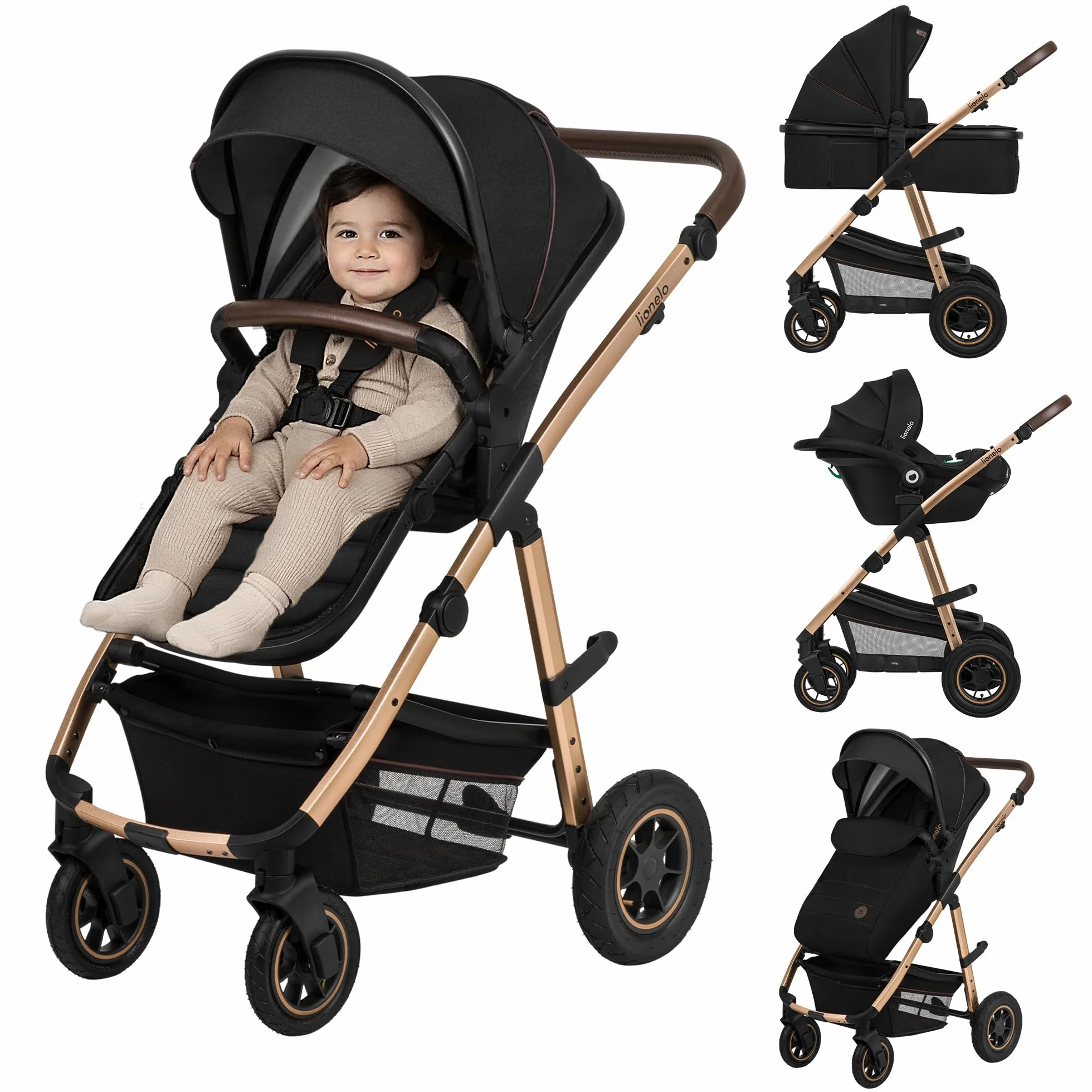 LIONELO Amber Passeggino Trio 3-in-1 0-22 kg Pieghevole Regolabile Ruote Grandi Cappotina XXL