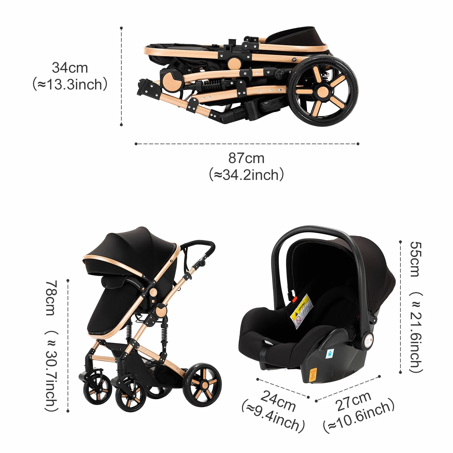 Passeggino 3 in 1 Multifunzione, Chiusura ad un Clic, Nero, Borsa Mamma per Neonati
