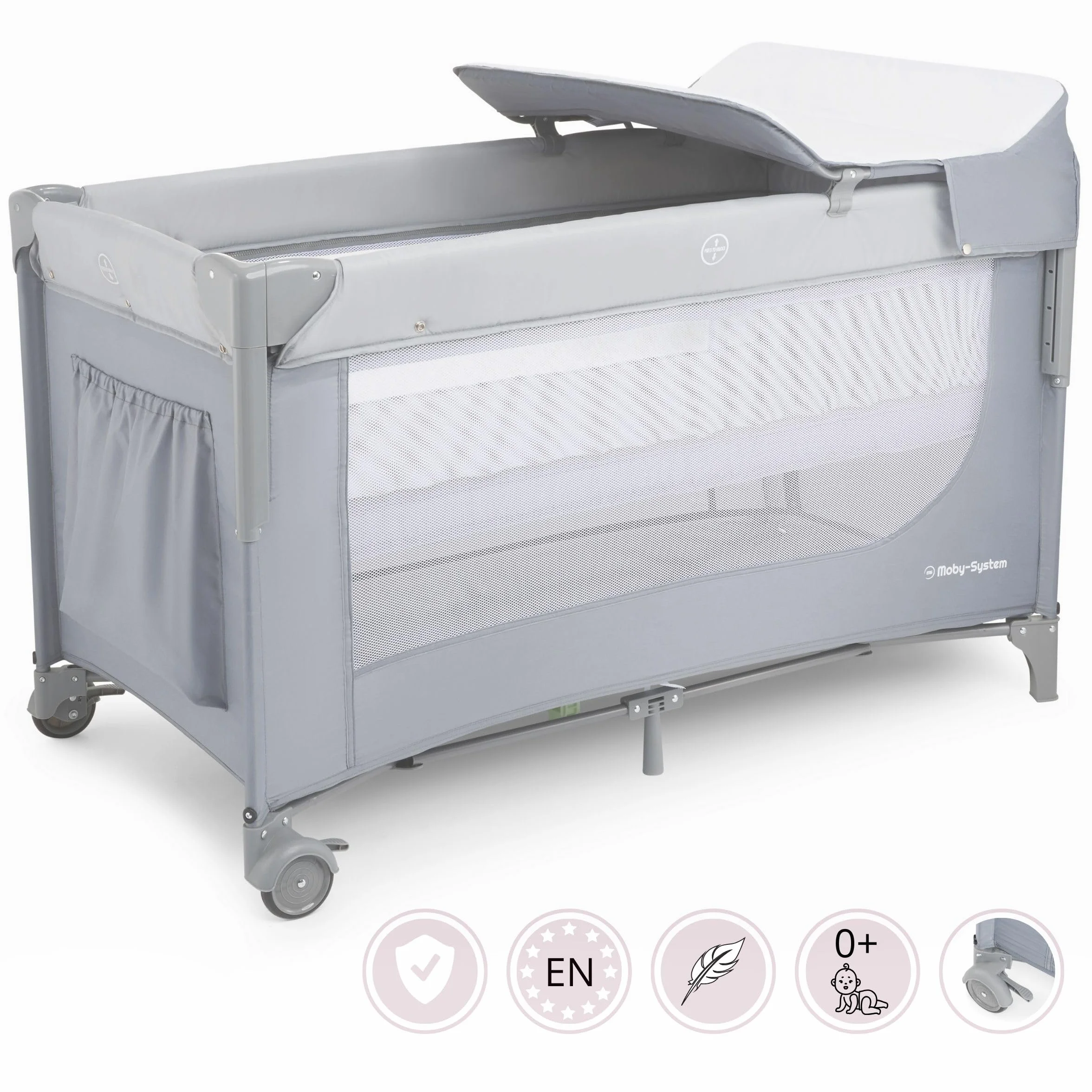 Moby-System Lettino da Viaggio 3 in 1 Box Bambini Recinto Neonati Fasciatoio Materasso Ruote Letto Pieghevole Regolabile 126x66cm Borsa Trasporto