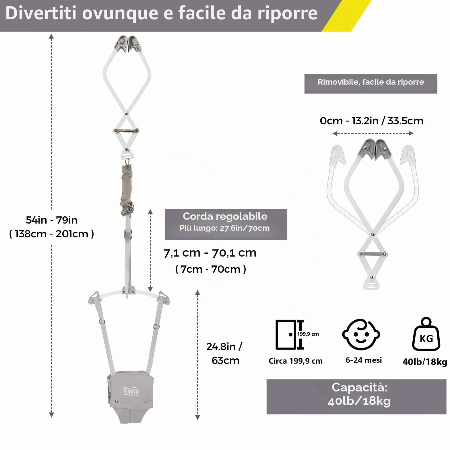 FUNLIO Sdraietta per Porta Baby per 6-24 Mesi (con Morsetto per Porta), Porta Baby Jumper con Molla Robusta/Cinghia Regolabile, Facile da Montare e Riporre, Portata 18 kg, Certificato CE CPC - Grigio