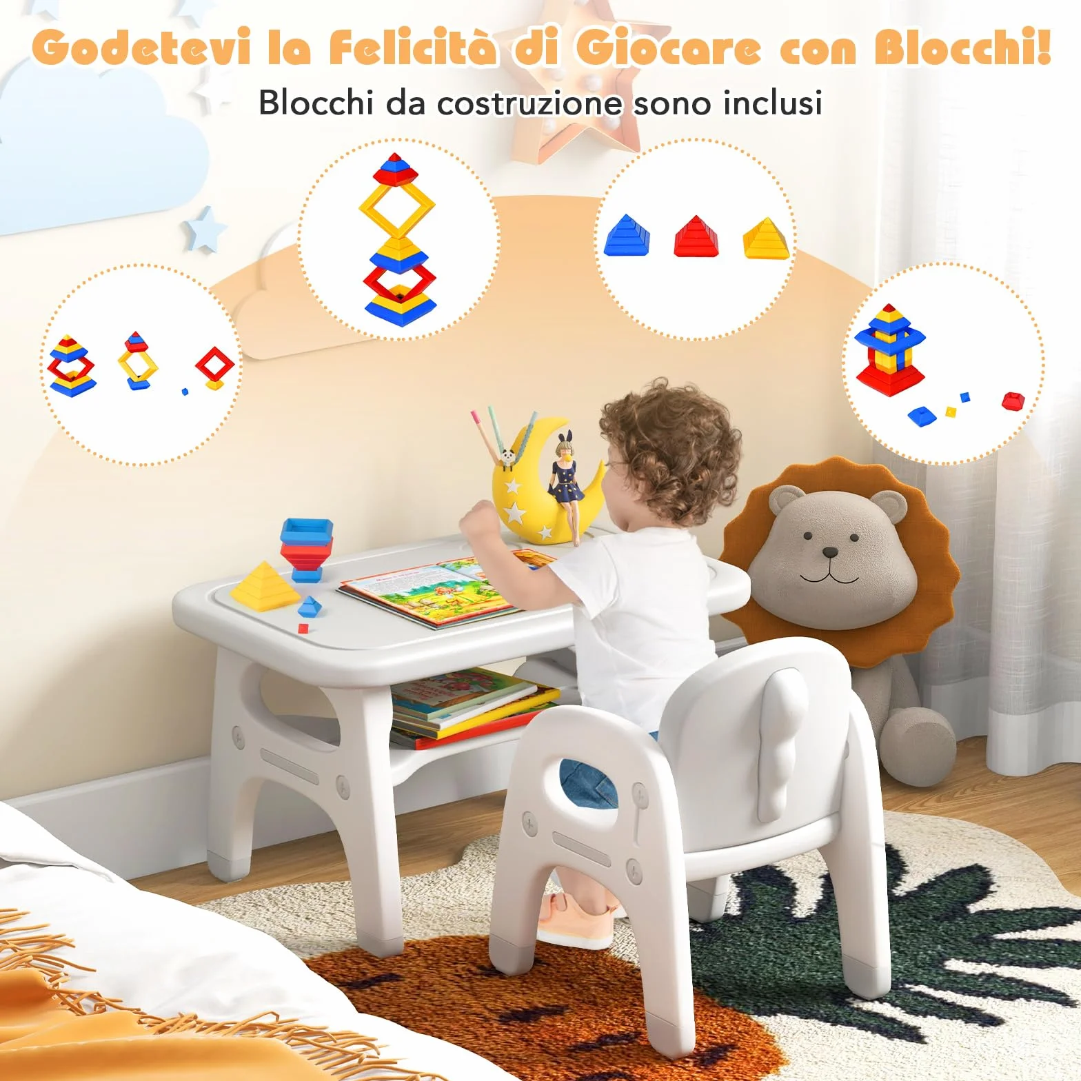 COSTWAY Tavolo e Sedia per Bambini Dinosauro Set Scrivania Attività Artistiche Studio 1-5 Anni Grigio