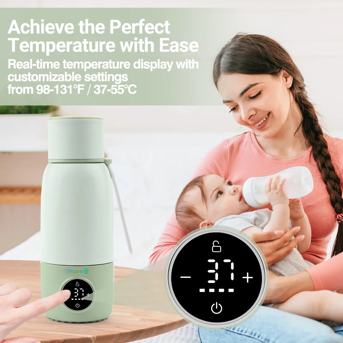 Scaldabiberon Portatile Ricaricabile con Distributore di Formula - 17oz/500ml, Riscaldamento Veloce, Controllo Preciso della Temperatura, Fino a 12 ore di Riscaldamento con Display LCD, Verde