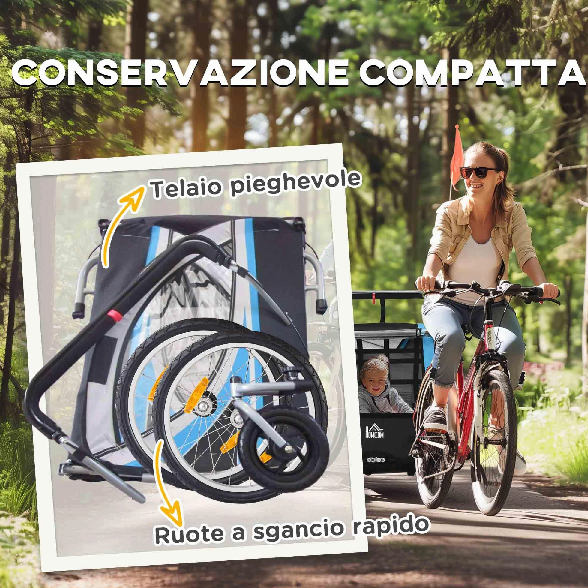 HOMCOM Rimorchio Bici per Bambini 2 in 1 Passeggino con Freno, Cintura a 5 Punti