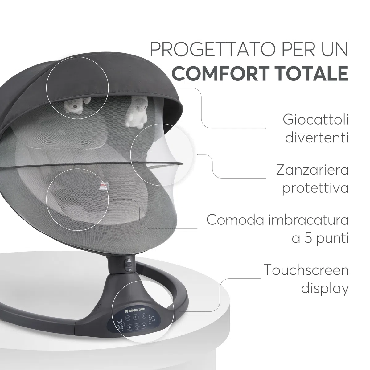 Sdraietta Neonati Elettrica KikkaBoo CODIE, Dondolo Elettrico per Neonati con Bluetooth, 5 Velocità, Schienale Regolabile, 10 Melodie, Fino a 9 kg, Grigio scuro