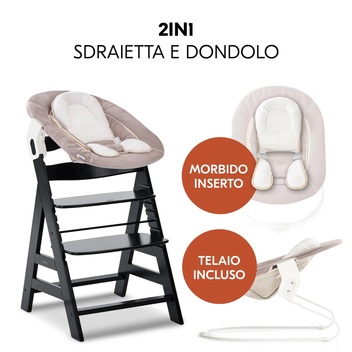 hauck Seggiolone Pappa Alpha Plus Set Newborn - Seggiolone Pappa Bimbi in Legno, Evolutivo con Sdraietta Neonato 2in1 e Cuscino - Nero