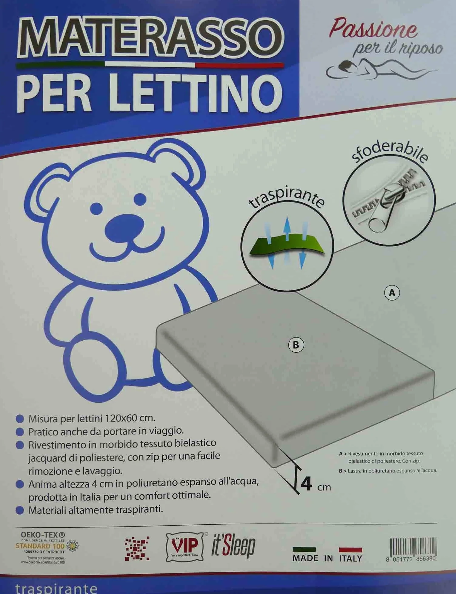 Casatessile Materasso per Lettino - Ideale per Viaggi, da Campeggio, è Sfoderabile e certificato OEKO-TEX Prodotto in Italia - 60x120x4 cm