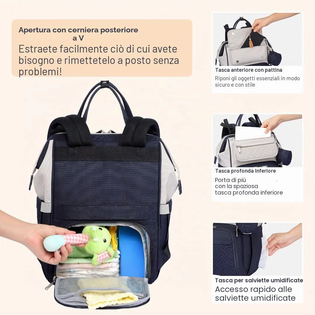 BabbleRoo Zaino-Borsa Fasciatoio, Grande Borsa Fasciatoio Da Viaggio Per Mamma E Papà, Zaino Per Pannolini Con Fasciatoio, Borsa Cambio Con Cinghie Per Passeggino E Porta Ciuccio,
