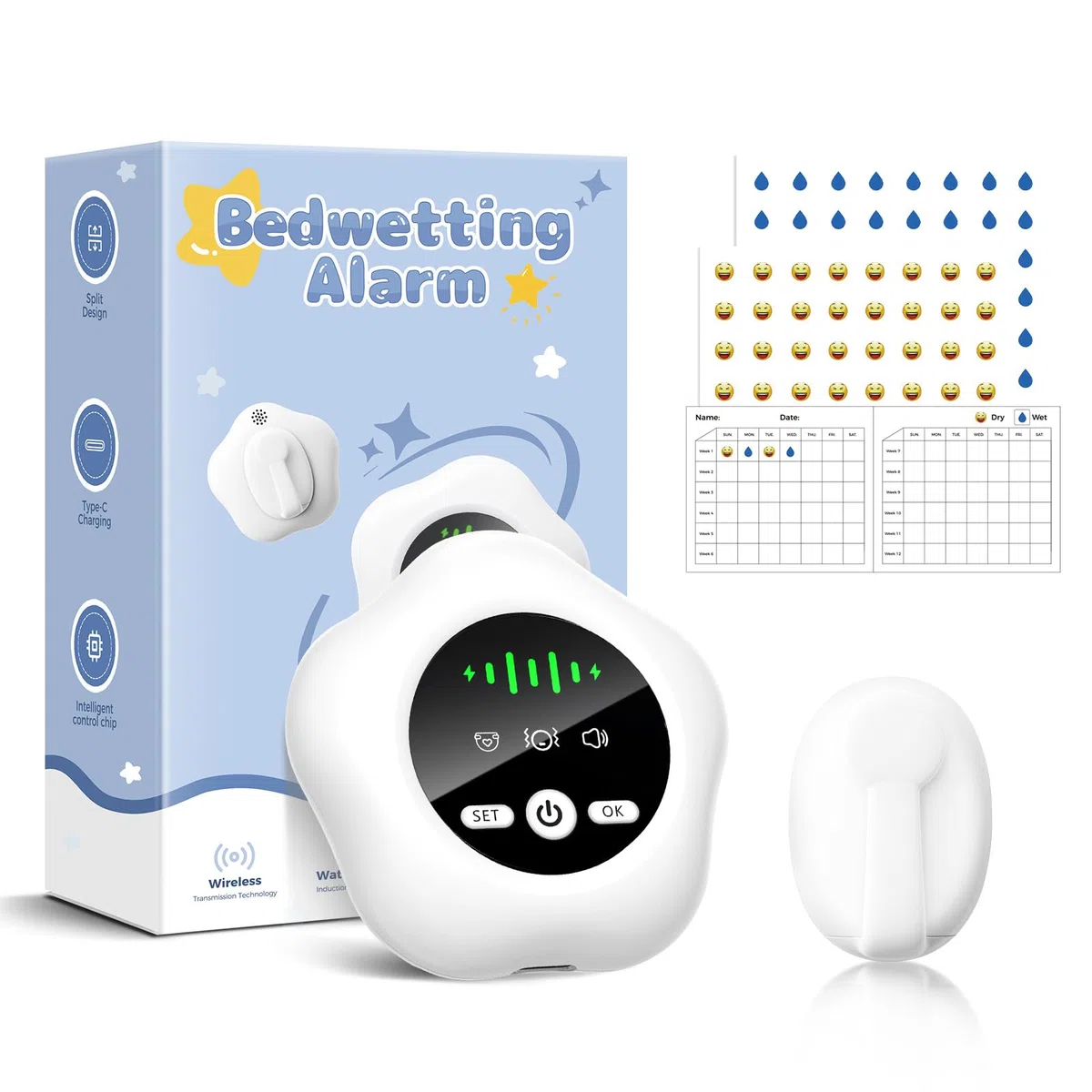 Allarme enuresi wireless, ricaricabile tramite USB, vasino con suono e vibrazione per bambini e adulti, dotato di sensore di umidità per enuresi