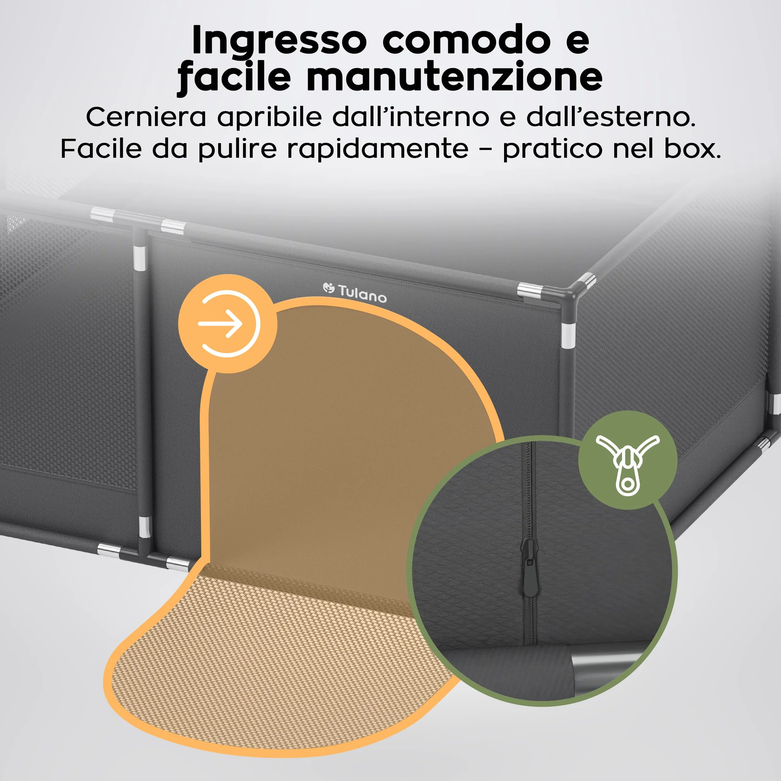 Tulano Cozy 25 Box per Bambini 150x180 cm 6-36 mesi Recinto Neonato con Fondo Struttura in Metallo Rete Traspirante Porta con Cerniera Borsa Inclusa Grafite