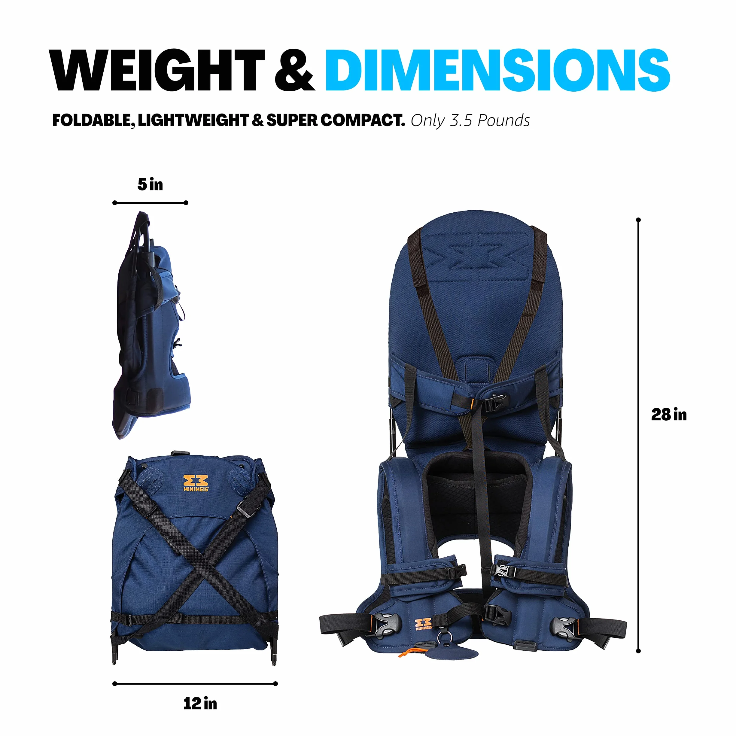 MiniMeis G4 - Marsupio per bambini al mondo con supporto per la schiena, sistema di trasporto pieghevole fino a 18 kg (blu e nero)