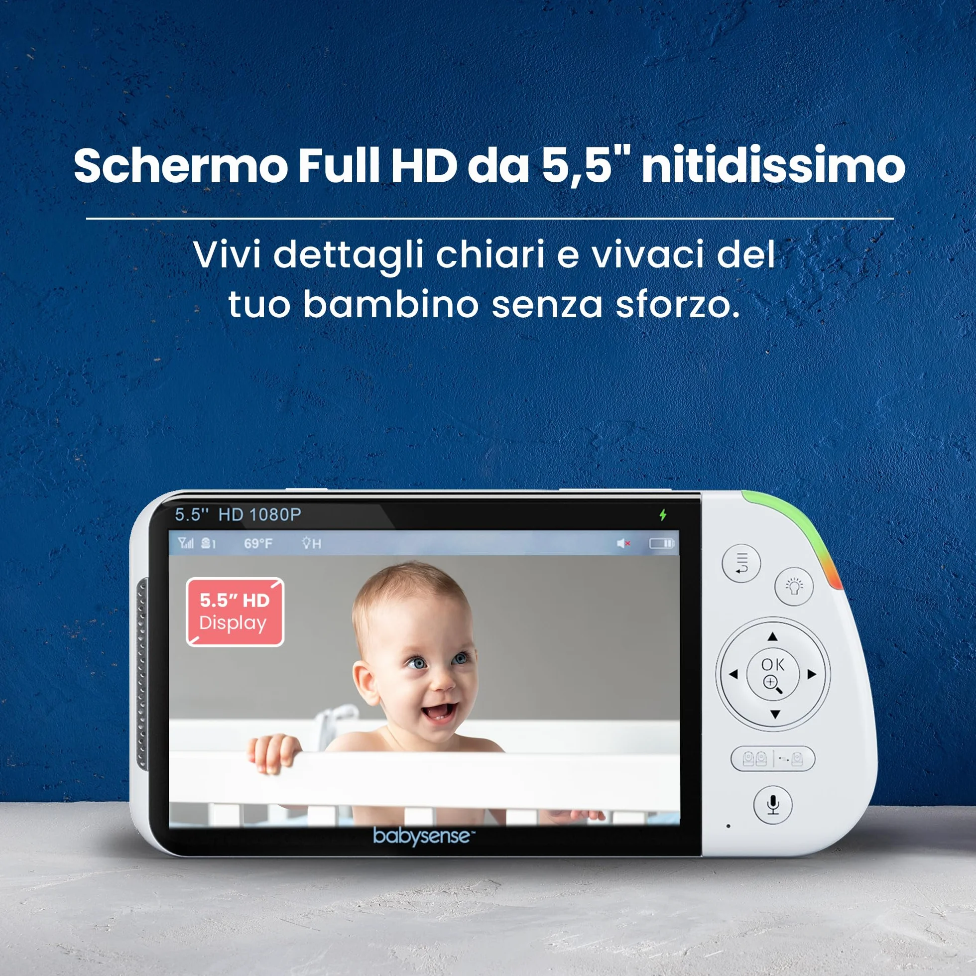 Babysense Babyphone Full HD con schermo diviso a 2 camere, luce notturna a 6 colori, rilevatore di rumori e luci, batteria da 20 ore, connessione sicura senza WLAN