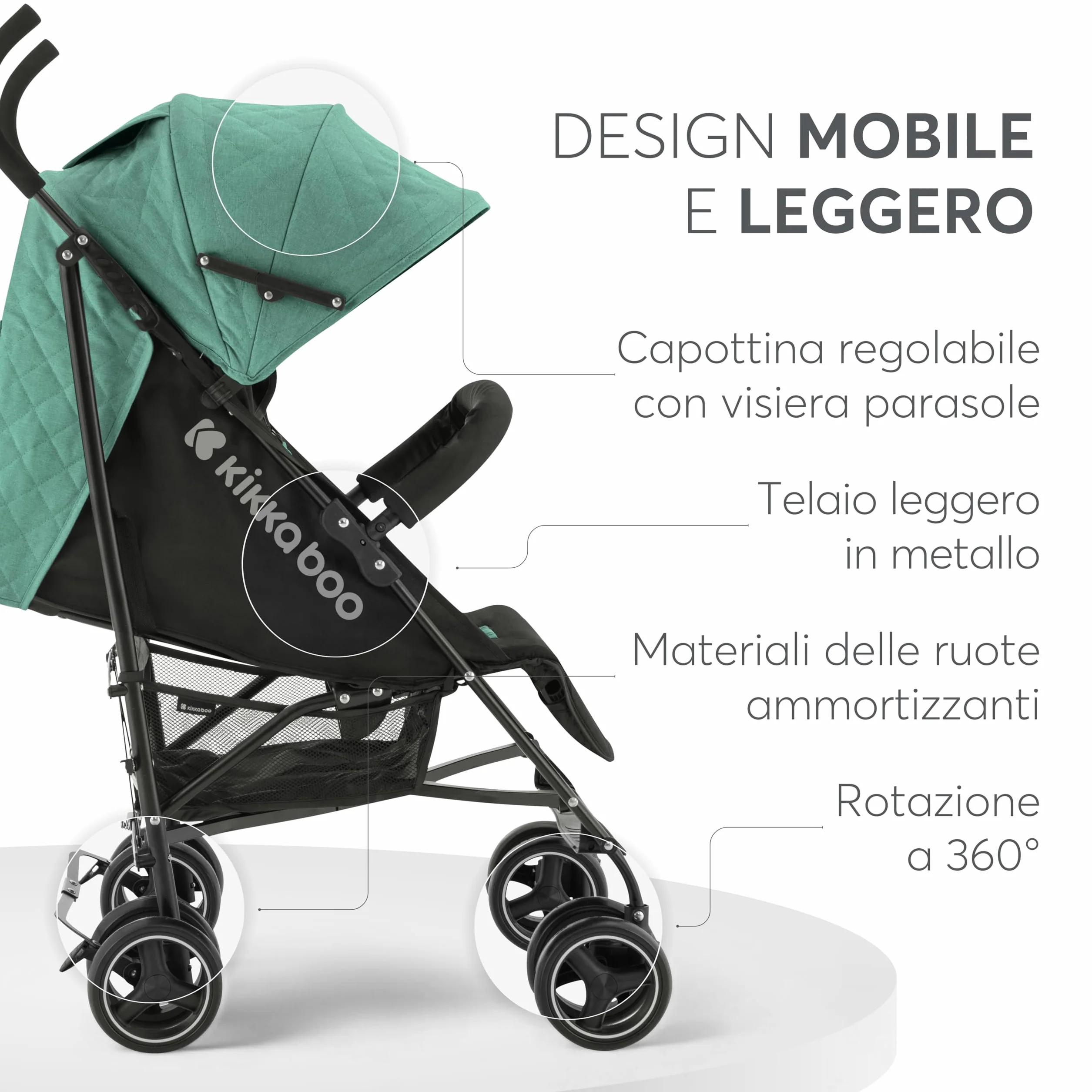 Passeggino KikkaBoo BEETLE da viaggio fino a 22 kg Pieghevole Leggero Compatto Menta