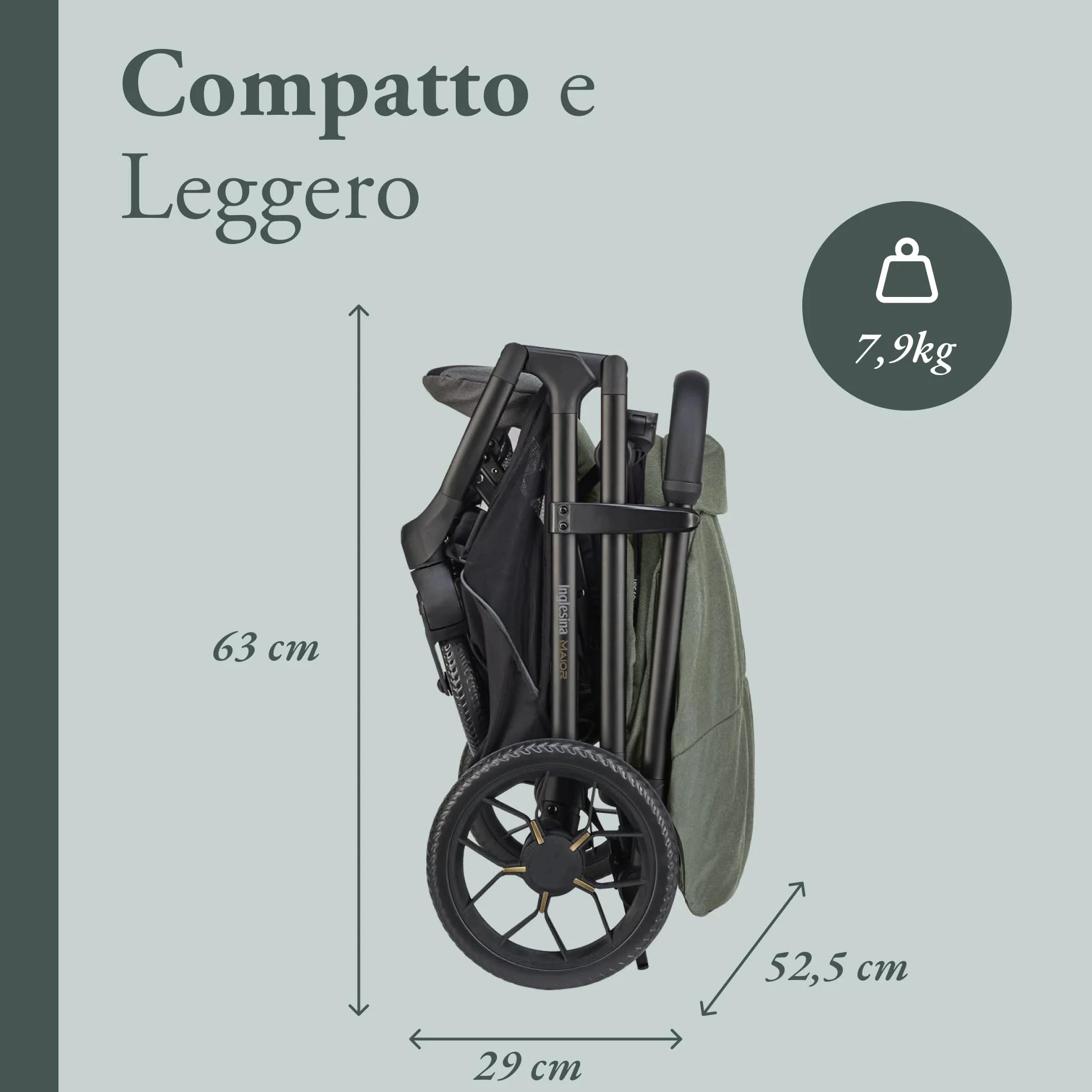 Inglesina Maior Passeggino Compatto 7,9 kg, Ruote Grandi Ammortizzate, Seduta Ampia All Season, UPF 50+, fino a 22 kg, Taiga Green