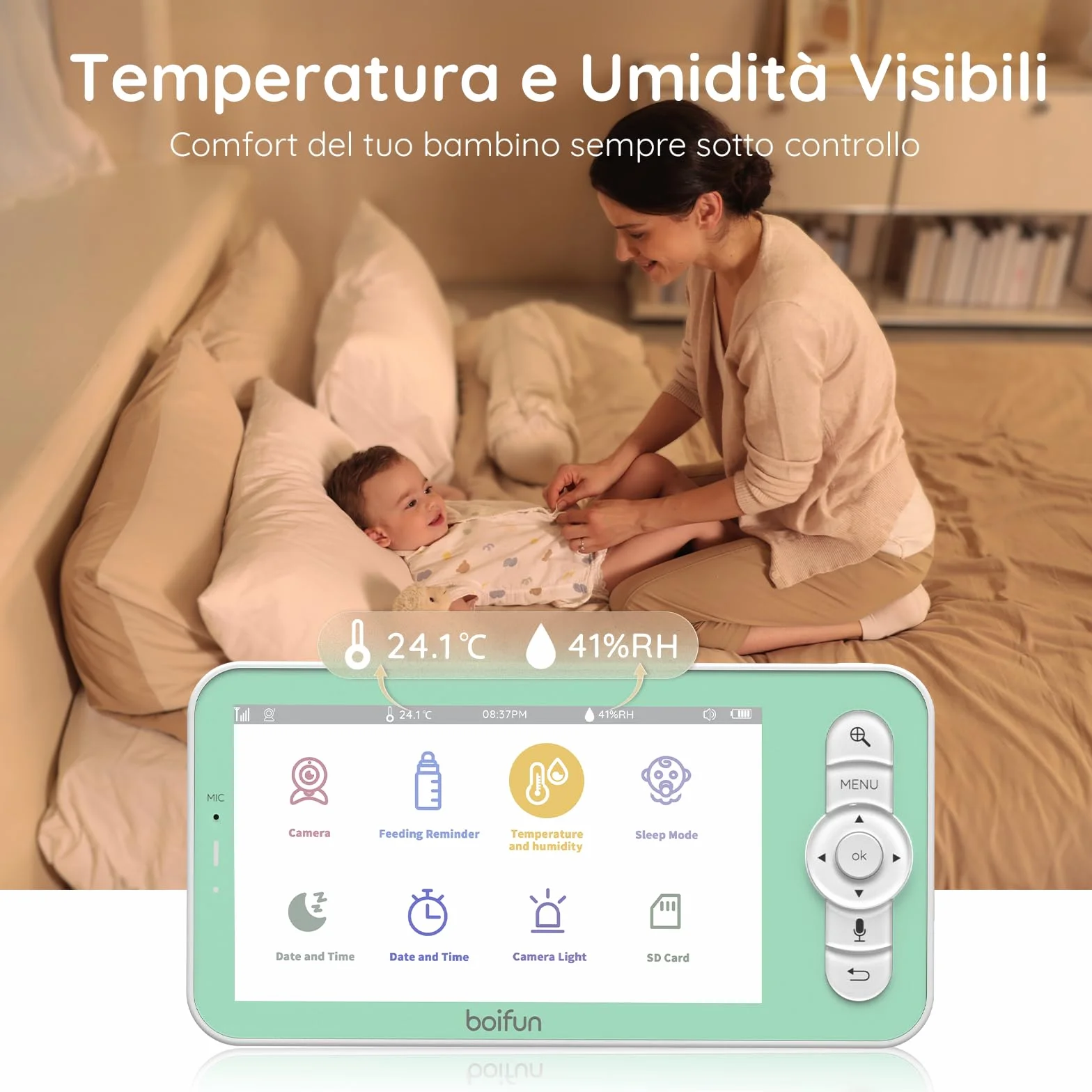BOIFUN 2K Baby Monitor WiFi 360° con Luci Notturne, Display LCD 5" 3MP, Auto Tracking, Rilevamento Movimento e Suono IA