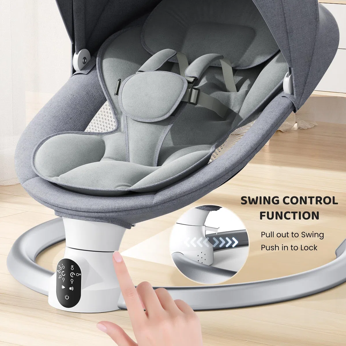 Operazione APP Sdraietta Neonati, Imbracatura a 5-Punti Migliorata Altalena Neonato Elettrica con 3 Timer, 5 Velocità di Altalena, Sdraietta Neonati Bluetooth Imbottita Morbida 0-9kg (Grigio)