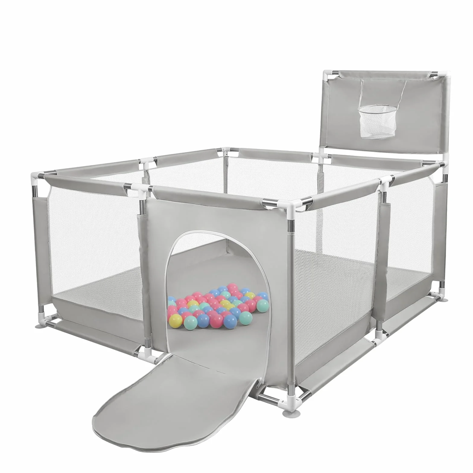 Box con porta a cerniera per bambini con ventose 126 x 126 x 66 cm grigio chiaro 50 palline