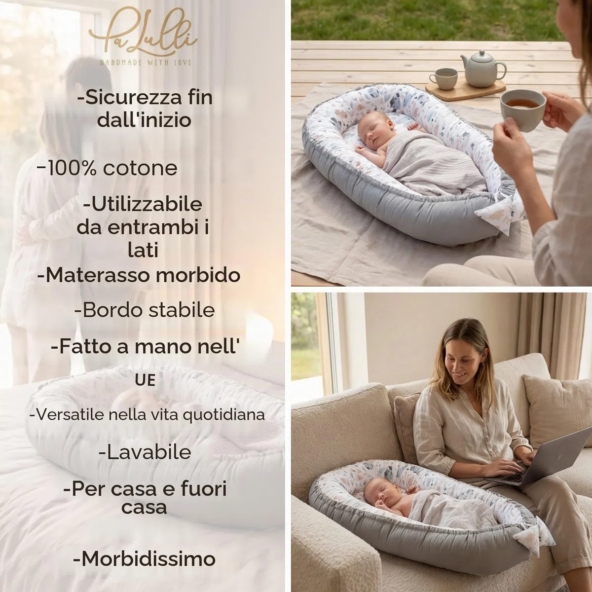 PaLulli - Nido per neonati, 90 x 50 cm, 100% cotone, nido per lettino, nido accogliente, cuscino, lettino da viaggio per neonati e bambini (Animali)
