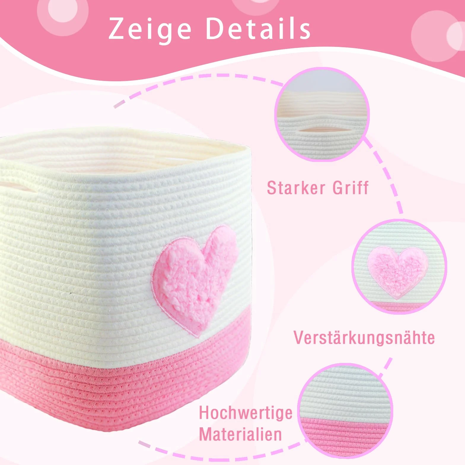 Cestini portaoggetti, 28 x 28 x 28 cm, quadrati intrecciati in corda di cotone, piccoli cestini intrecciati per la selezione, per cameretta dei bambini, uffici, decorativi. (set da 2, cuori rosa)