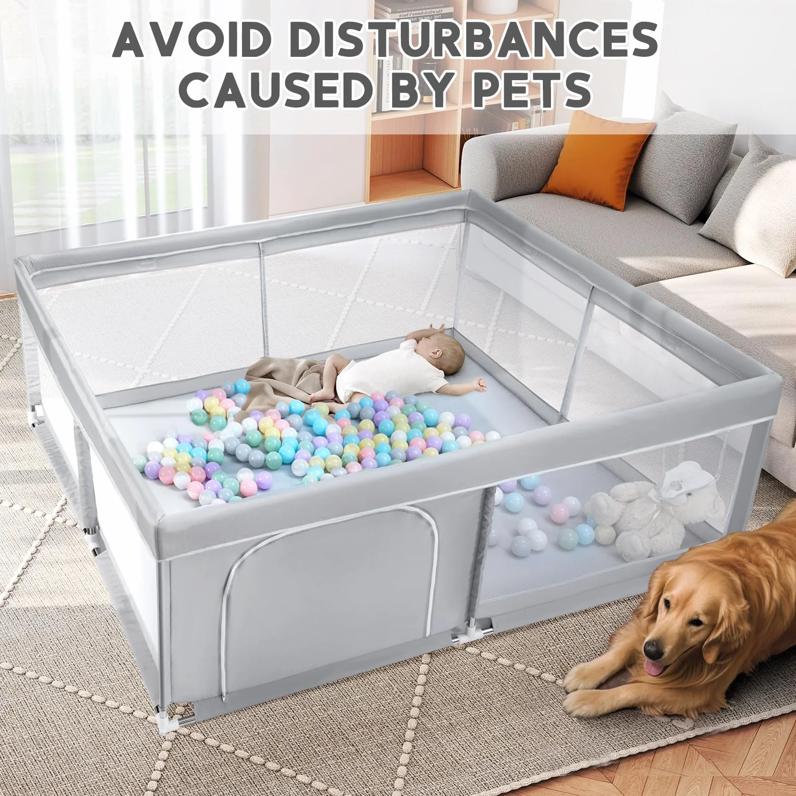 BEJOY Box per Bambini, 150 cm Compatto e Resistente, Protezione in Schiuma, Antiscivolo, Porta Rotonda con Cerniera, Rete Traspirante Trasparente Centro Attività per Neonati e Bambini Piccoli