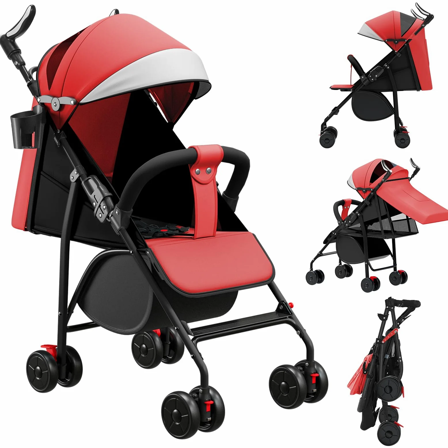 OHMG Passeggino per bambini da 0 a 4 anni, 0 a 22 kg, 3 posizioni di riposo, posizione piatta, pieghevole, con tracolla, imbracatura a 5 punti, cestino, freno a pedale