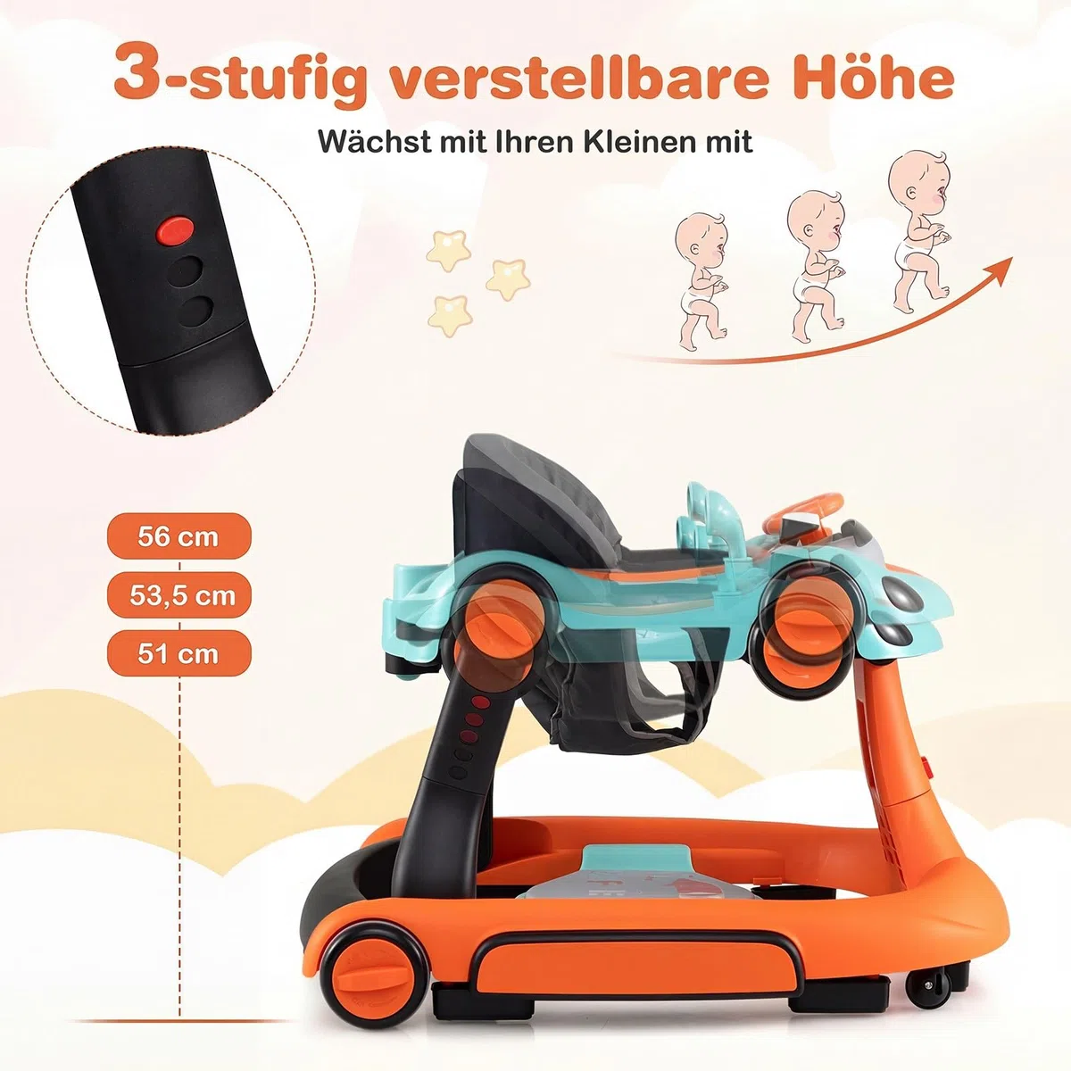 GIANTEX Girello per Bambini 7-18 Mesi 7 in 1, Baby Walker con Tettuccio, Vassoio di Giochi, Carillon, Luci, Primi Passi Piegevole, Altezza e Velocità Regolabili, Carrello da Spinta (Arancione + Verde)