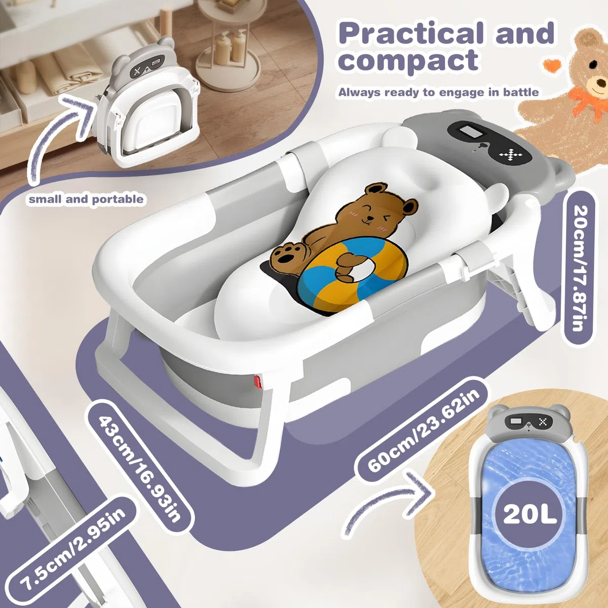 Vaschetta Bagnetto Neonato Pieghevole, Vasca da Bagno Portatile Con Materasso a Cuscino e Termometro, Vasca Neonato Bagnetto Per Neonati E Bambini, Portatile, Salva Spazio