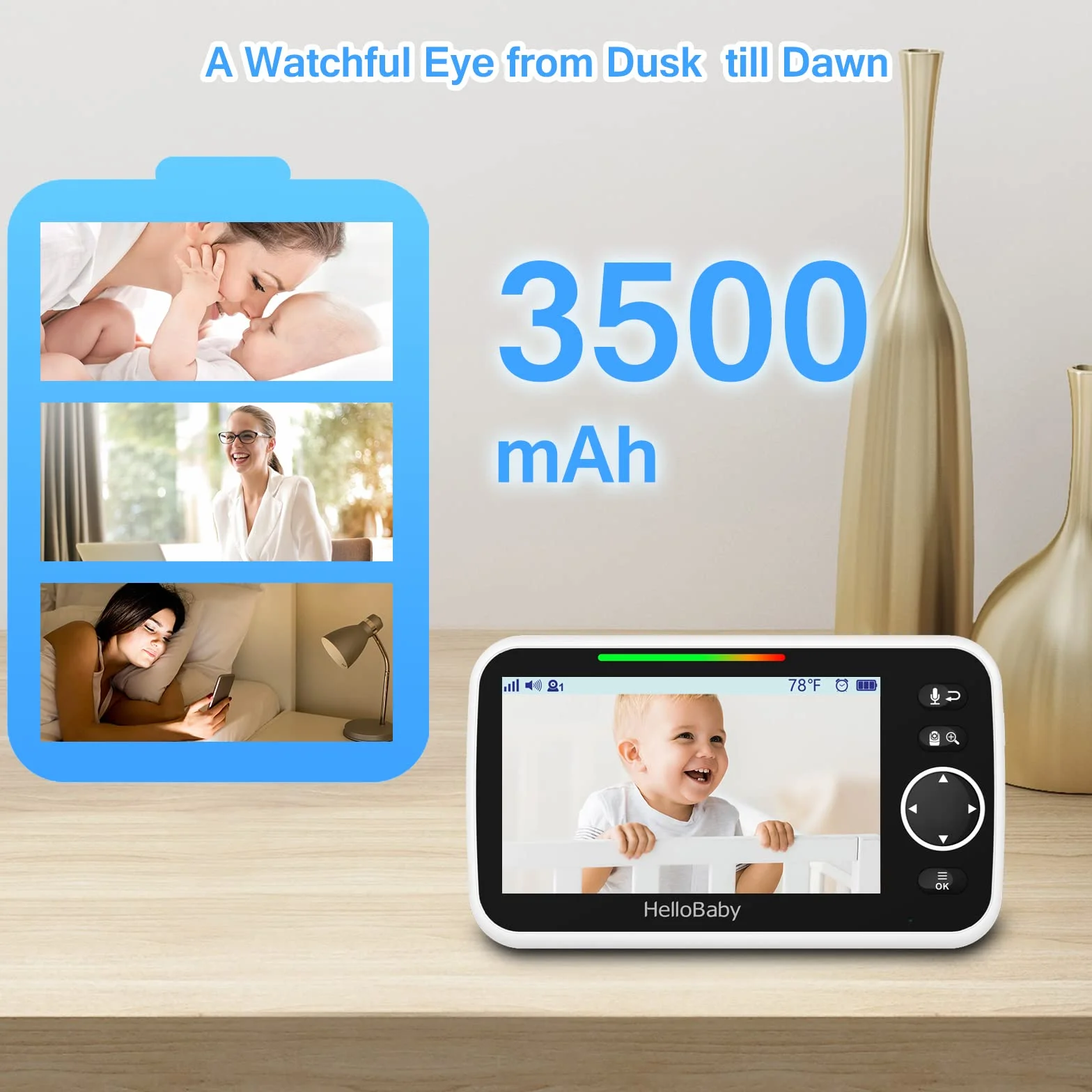 HelloBaby Monitor con fotocamera e audio, schermo 5'', batteria 3500 mAh, Pan-Tilt-Zoom, conversazione bidirezionale, ECO, visione notturna