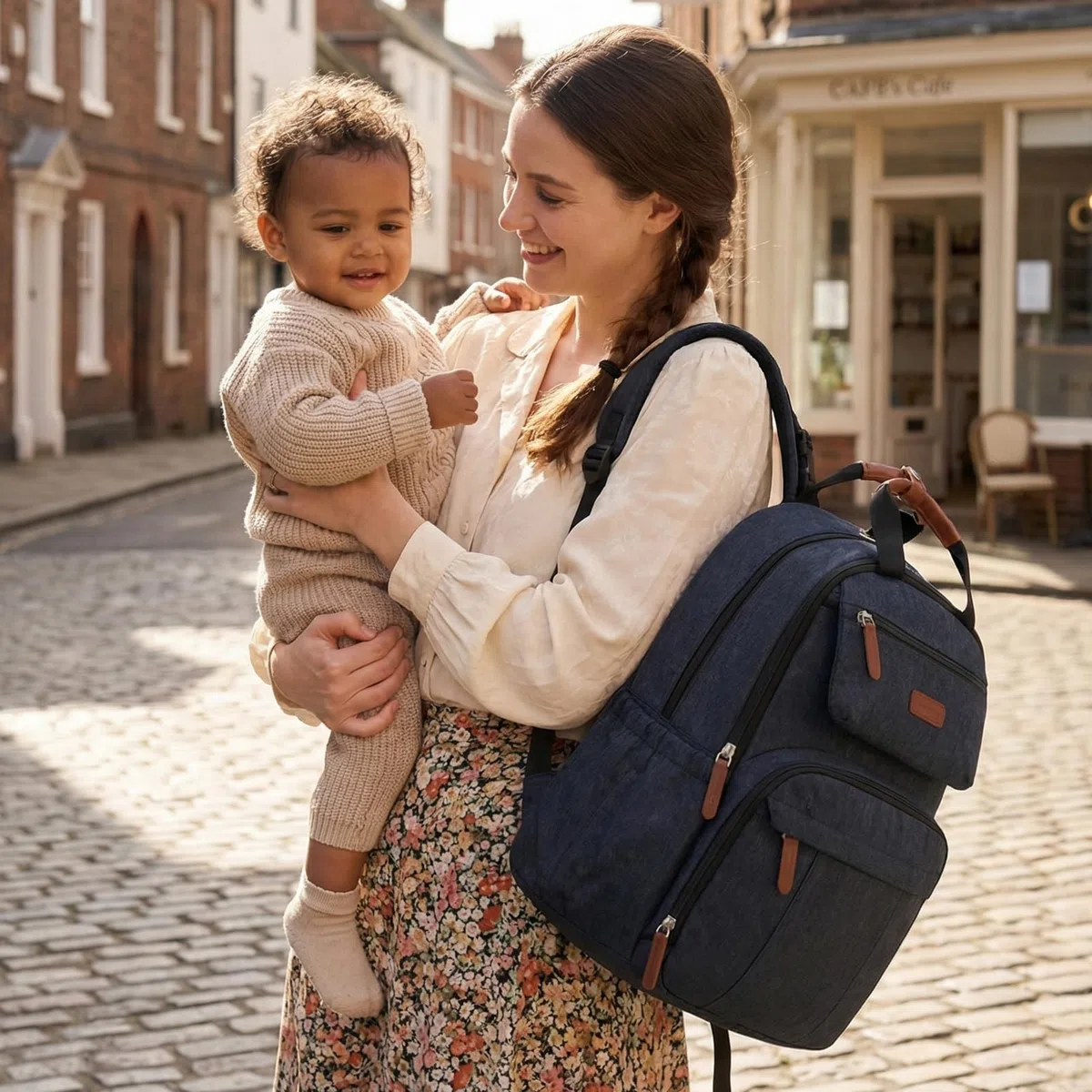 mommore Zaino fasciatoio, grande borsa espandibile per 2 bambini/gemelli, borsa per bambini resistente con fasciatoio, zaino da viaggio impermeabile per mamma e papà, beige., 29 x 22 x 41.5 cm