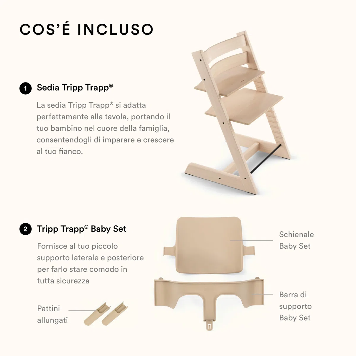 Seggiolone Tripp Trapp di Stokke con Baby Set, Natural - Sedia regolabile ed evolutiva per bambini e adulti - Design ergonomico e classico