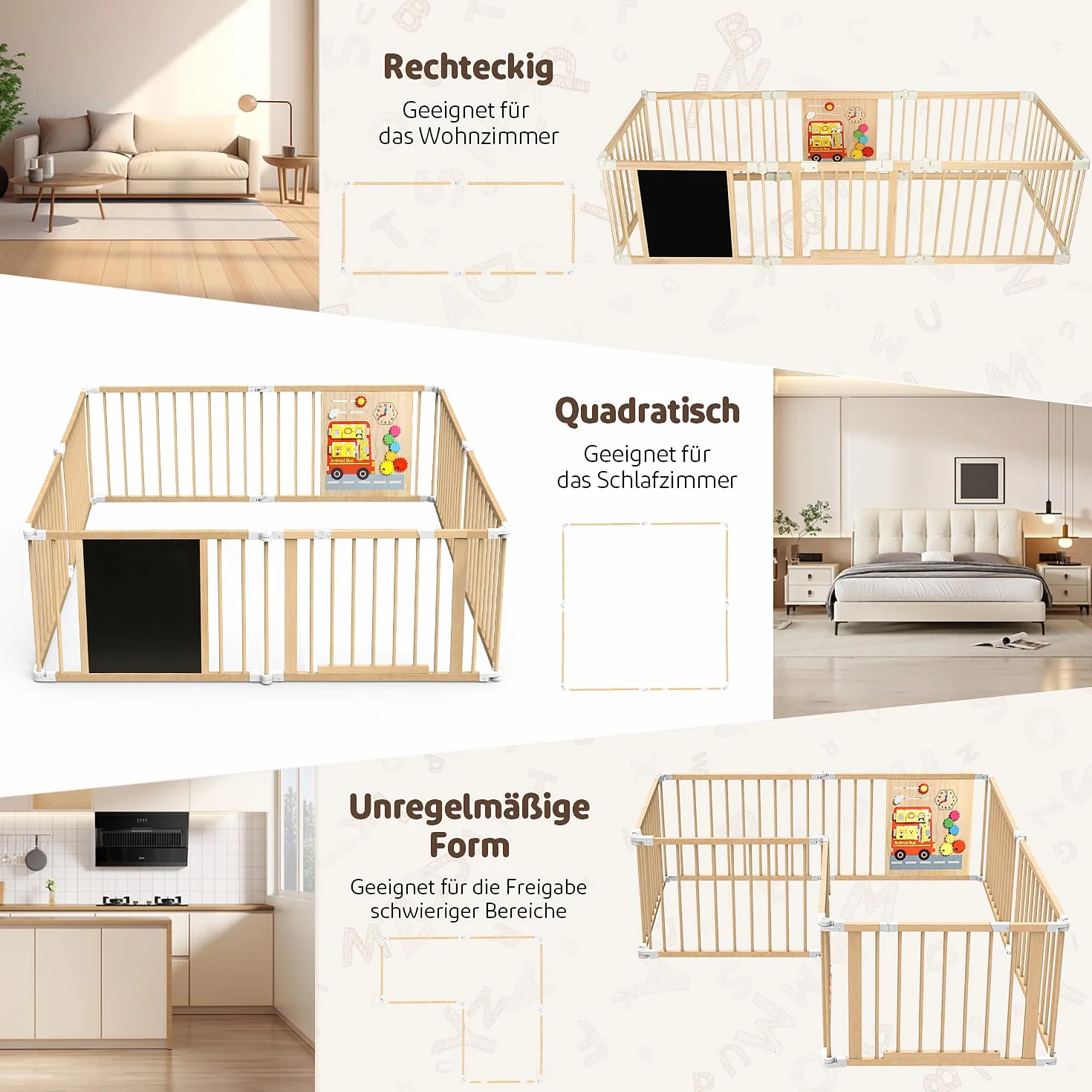 Box Bambini in Legno, Grande Recinto per Bambini Pieghevole con Porta, Regolabile Dimensioni&Forma, Portatile, Lavagna, Montessori Tavola dei Giocattoli, Sicurezza Centro Attività Espandibile
