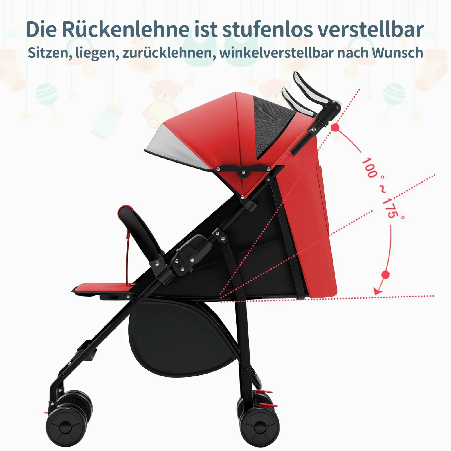 OHMG Passeggino per bambini da 0 a 4 anni, 0 a 22 kg, 3 posizioni di riposo, posizione piatta, pieghevole, con tracolla, imbracatura a 5 punti, cestino, freno a pedale
